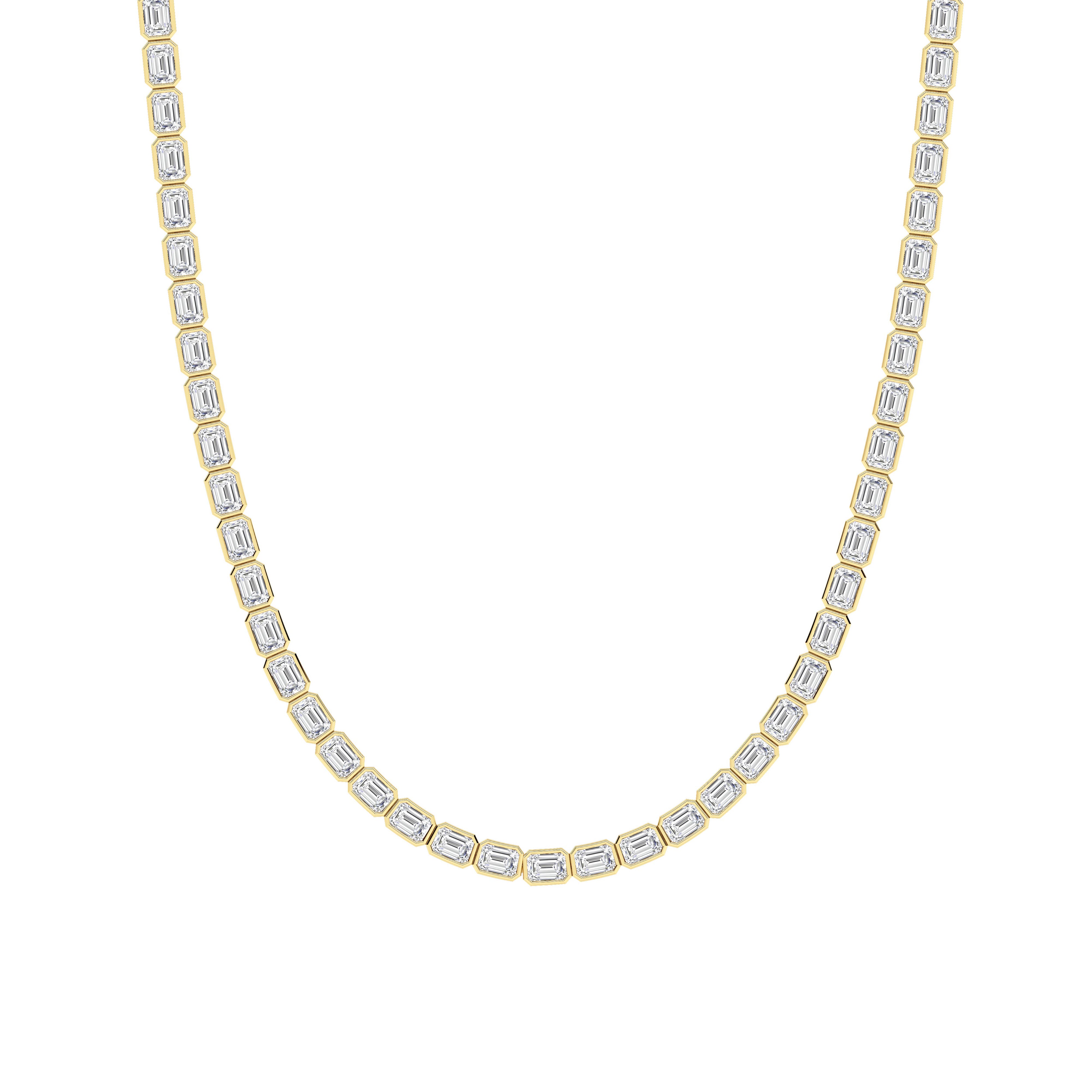 30.0 Ct Emerald (F/VS) Lab Grown Diamond Bezel 14K Yellow Gold Classic Eternity Tennis Necklace