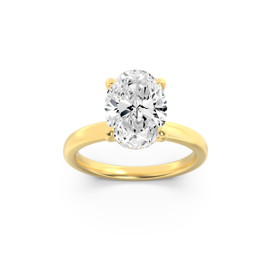 3Cttw Oval Shaped Lab Grown Diamond (F/VS) HiddenHalo Plain Shank Engagement Ring in 14K Gold