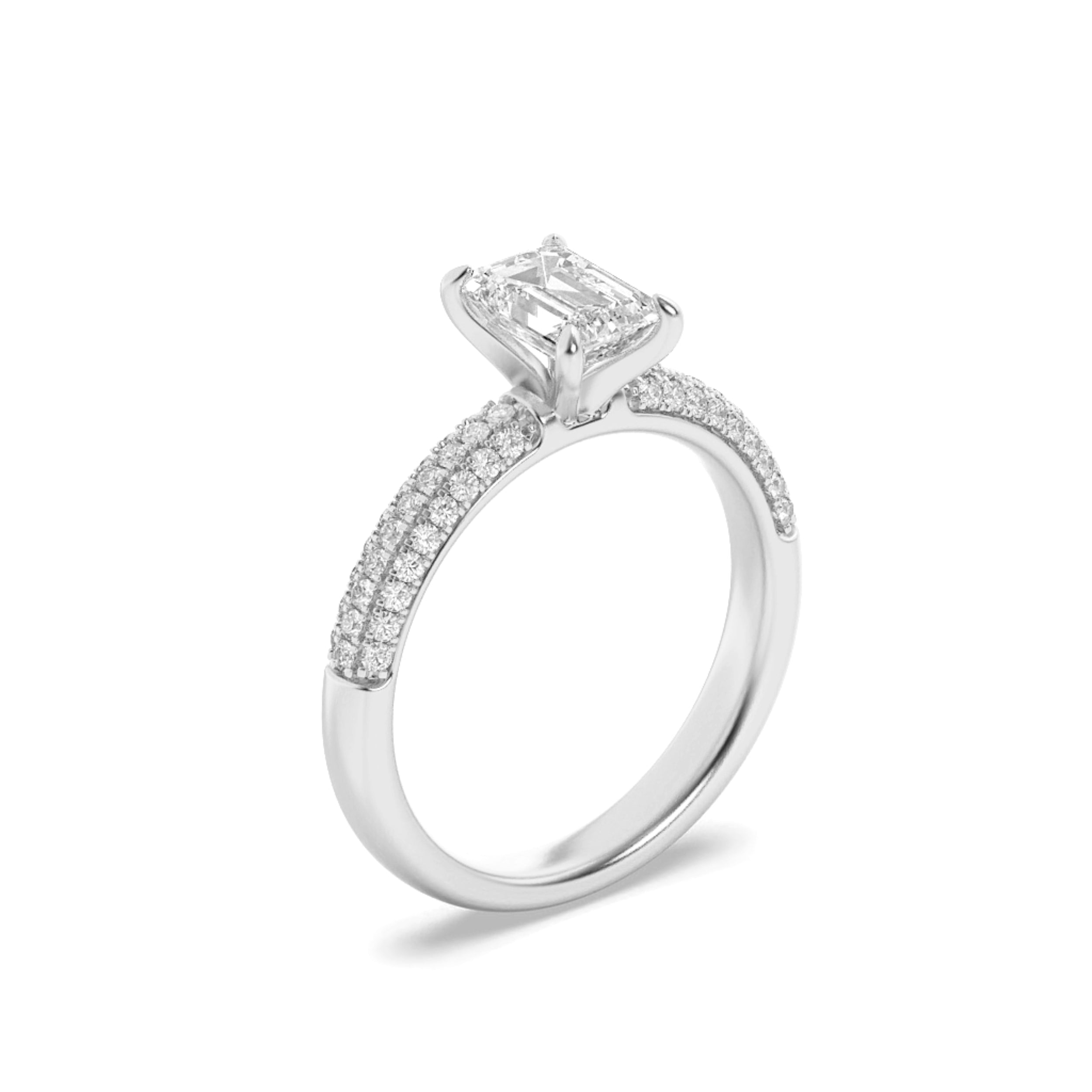 1.5Cttw Emerald Shaped Lab Grown Diamond (G/VS) Three Row Micro Pave Engagement Ring in 14K Gold