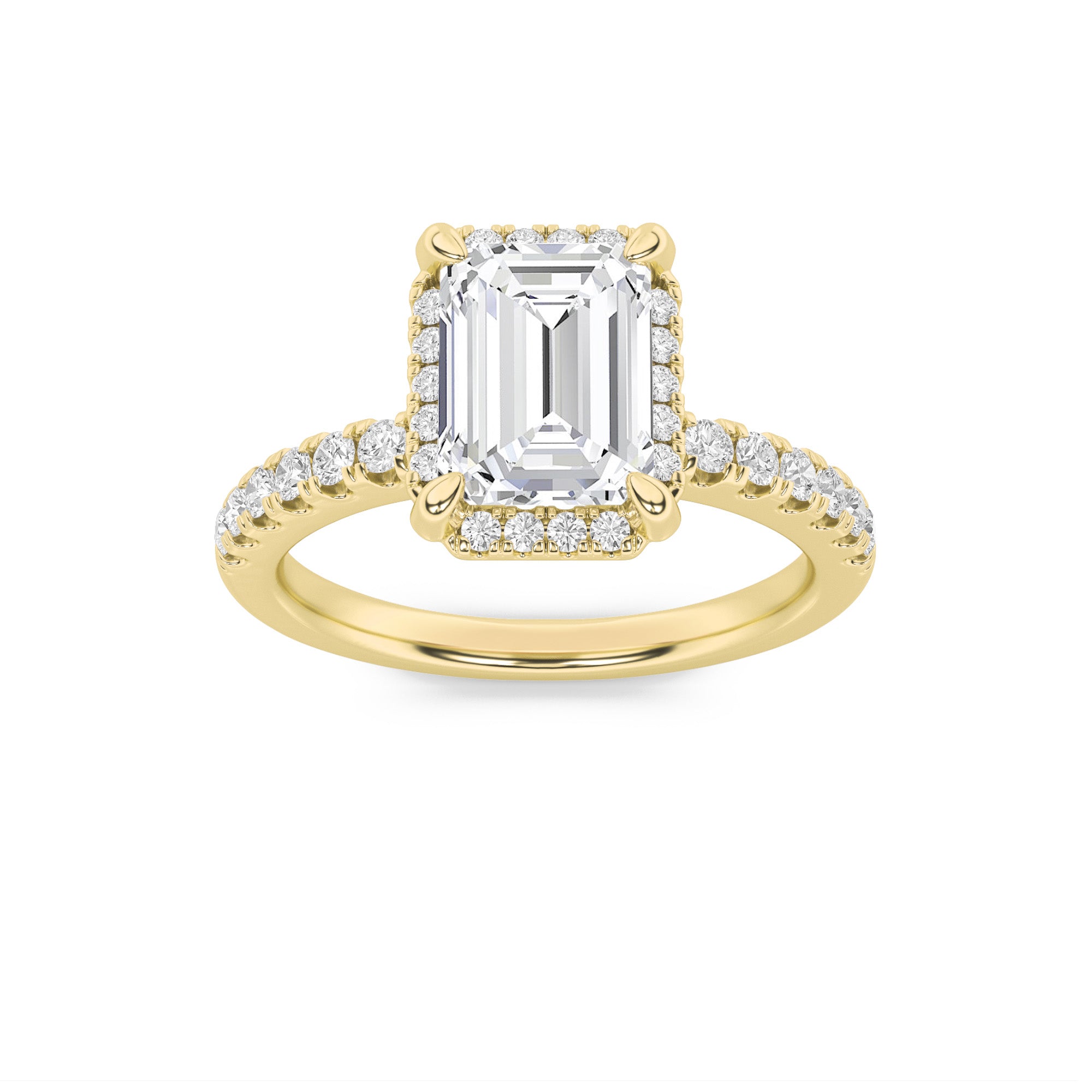 2Cttw Emerald Shaped Lab Grown Diamond (F/VS) HaloAccented Engagement Ring in 14K Gold