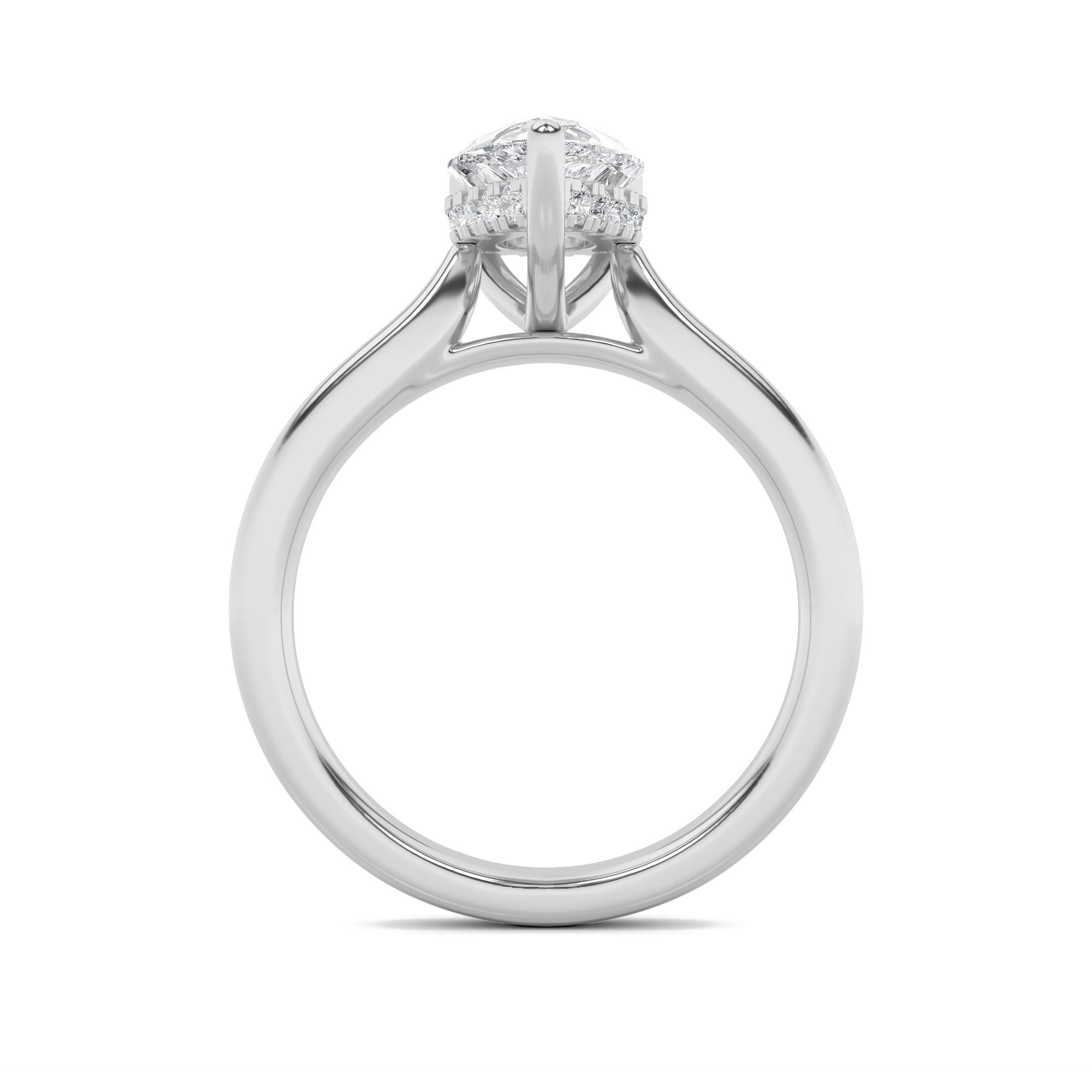 2Cttw Pear Shaped Lab Grown Diamond (F/VS) HiddenHalo Cathedral Shank Engagement Ring in 14K Gold