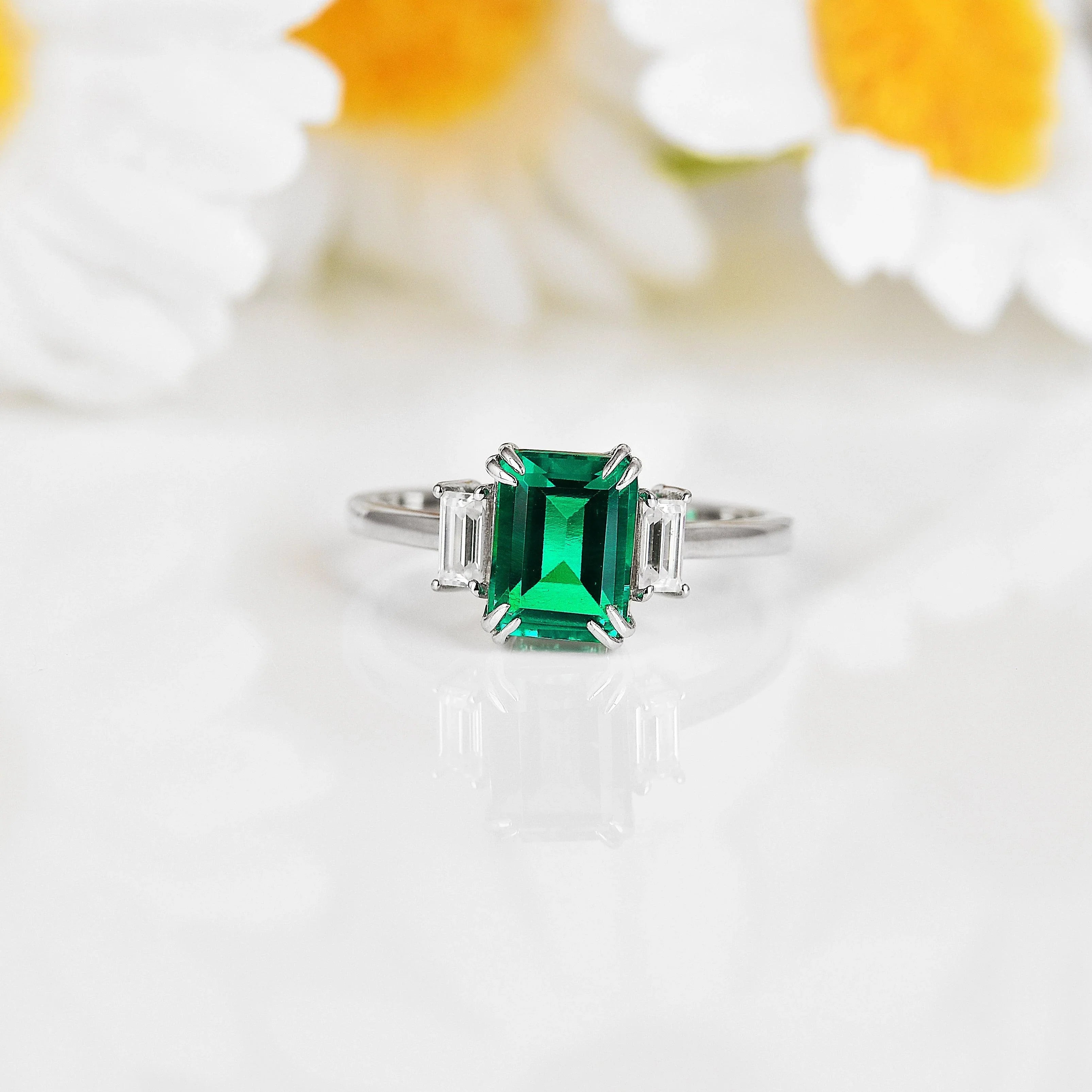 Colombian Created Emerald Three Stone Ring - Fine Diamond