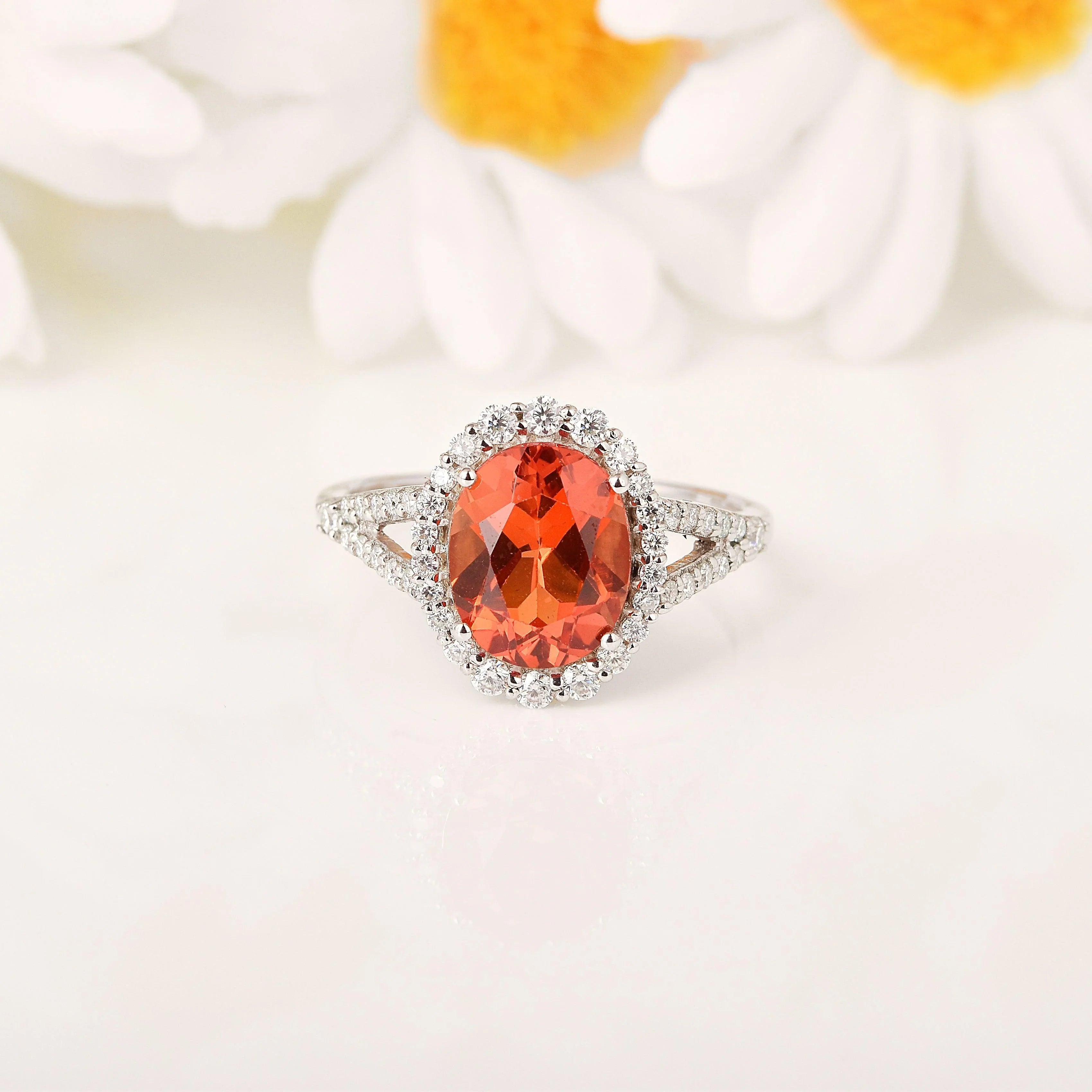 Oval Padparadscha Sapphire Ring - Fine Diamond