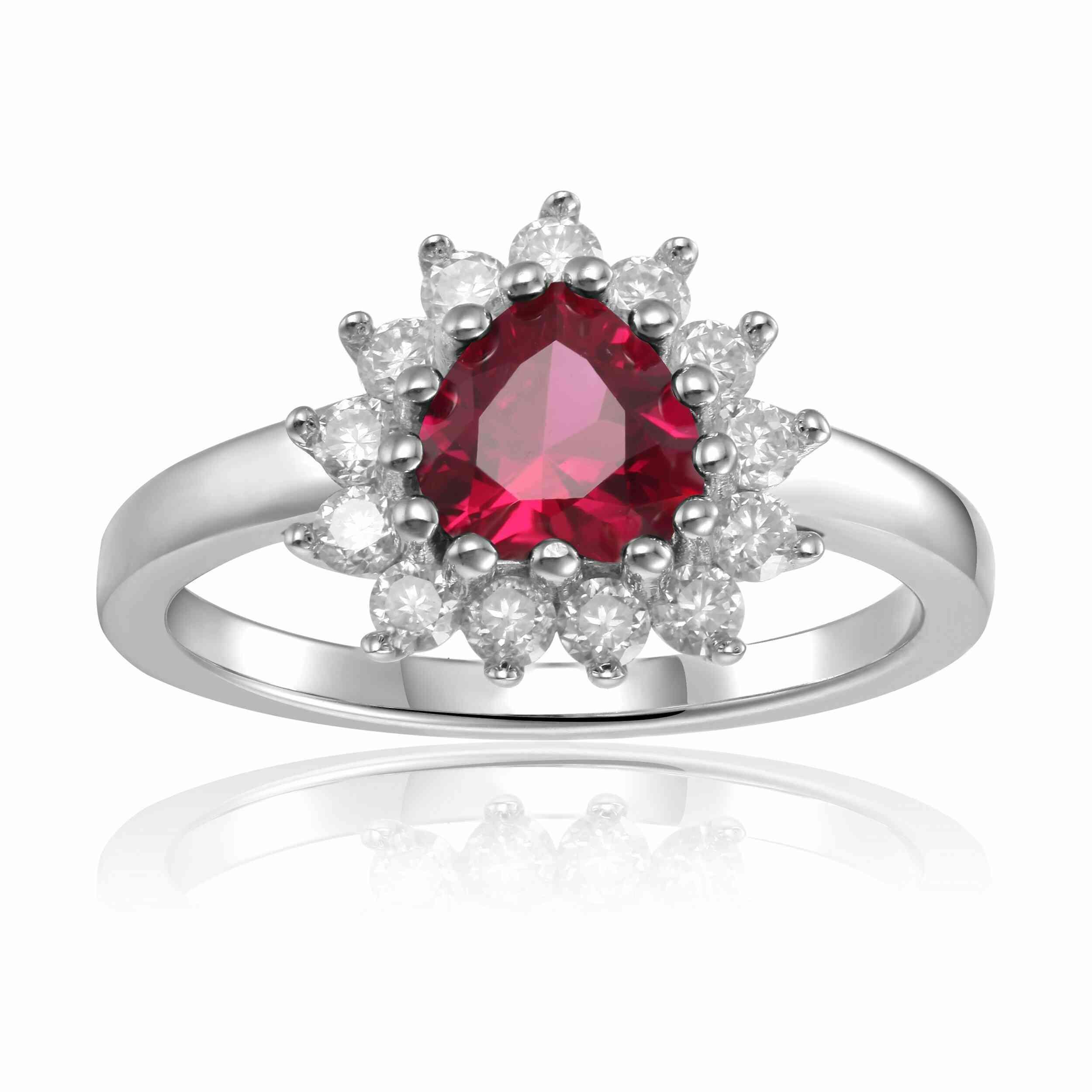 Sterling Silver Statement Red Heart Gemstone Ring Ruby Diamond Heart Shaped Ring - FineColorJewels