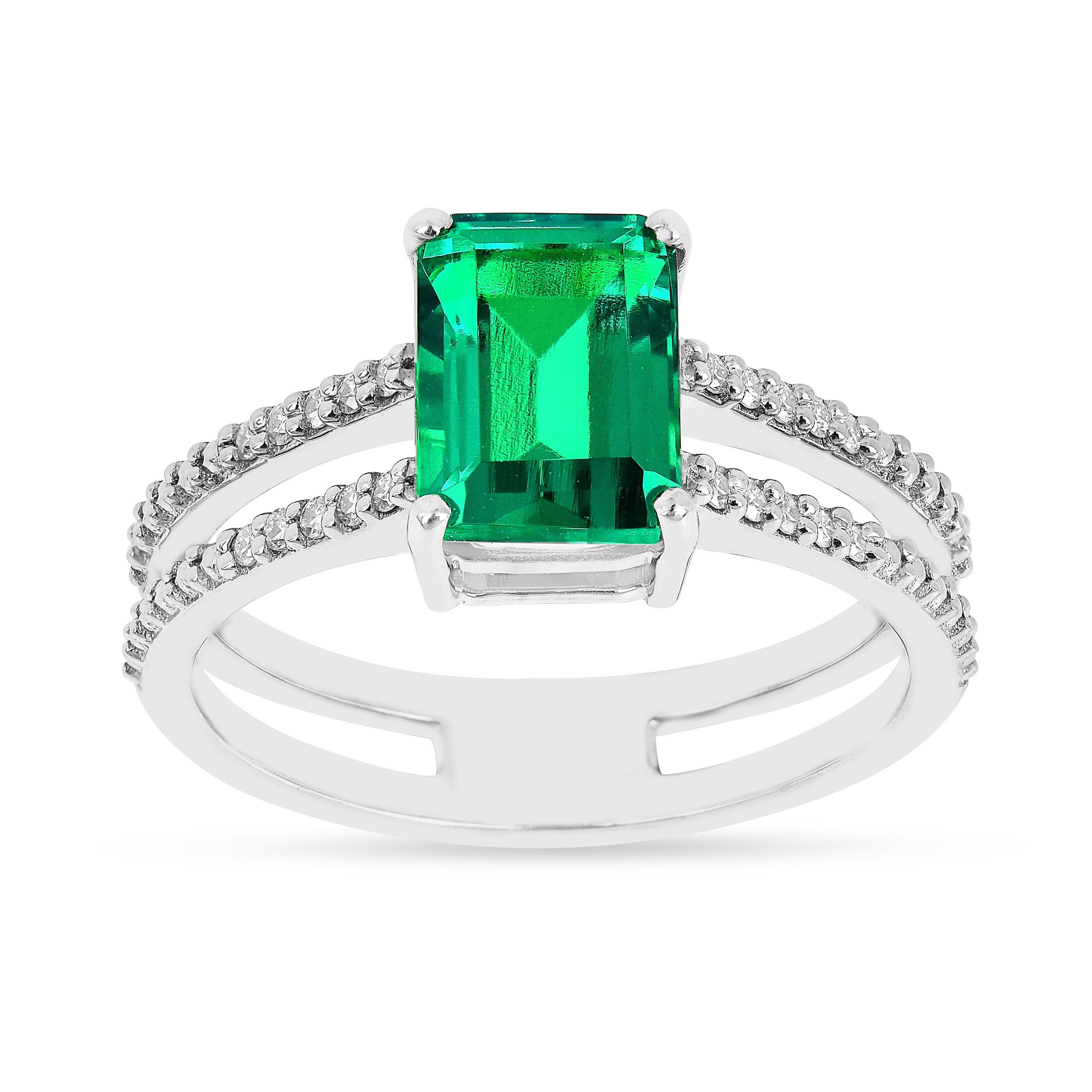 Colombian Created Emerald Double Band Ring - Fine Diamond