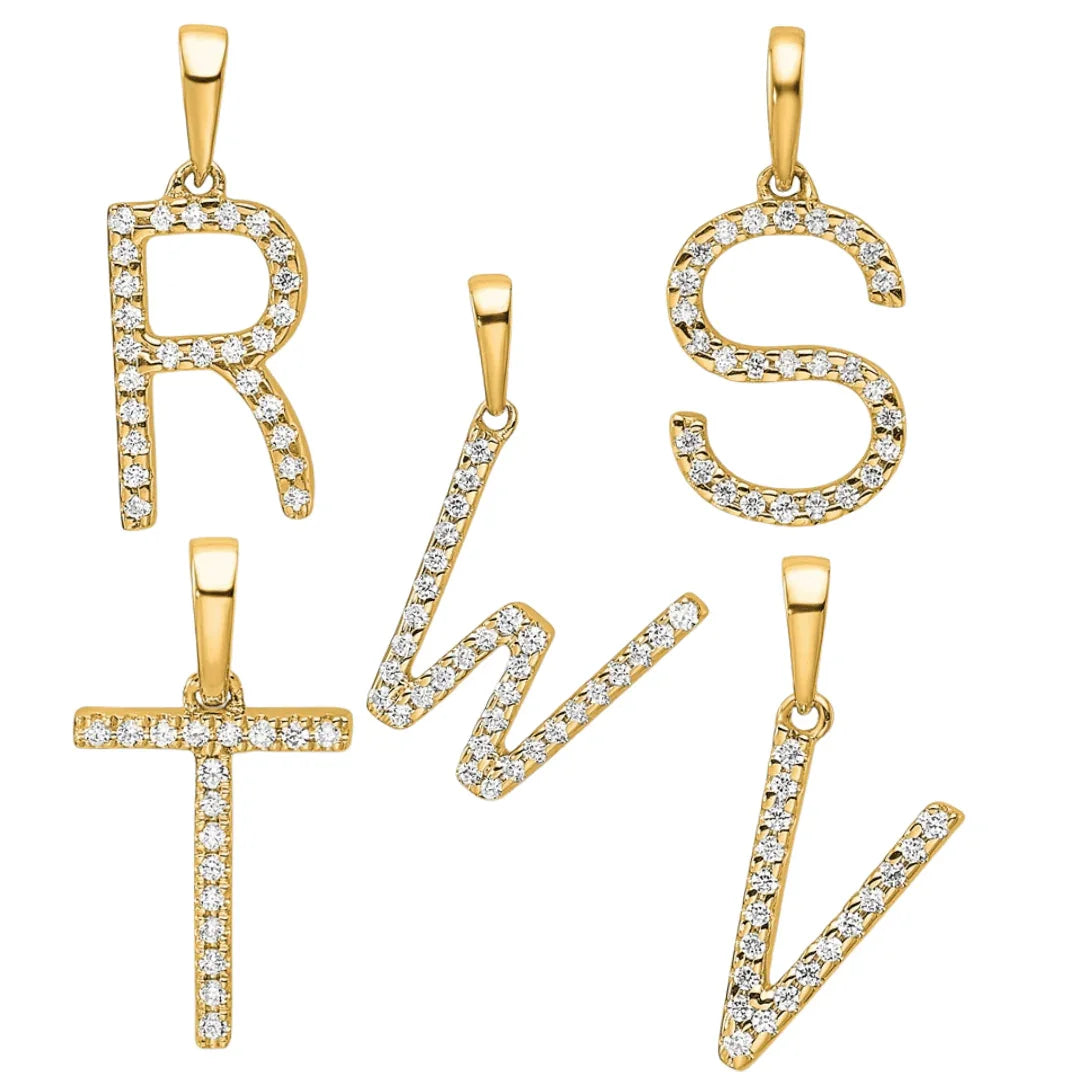 14K Gold Letter Initial Pave Diamond Pendant - Fine Diamond