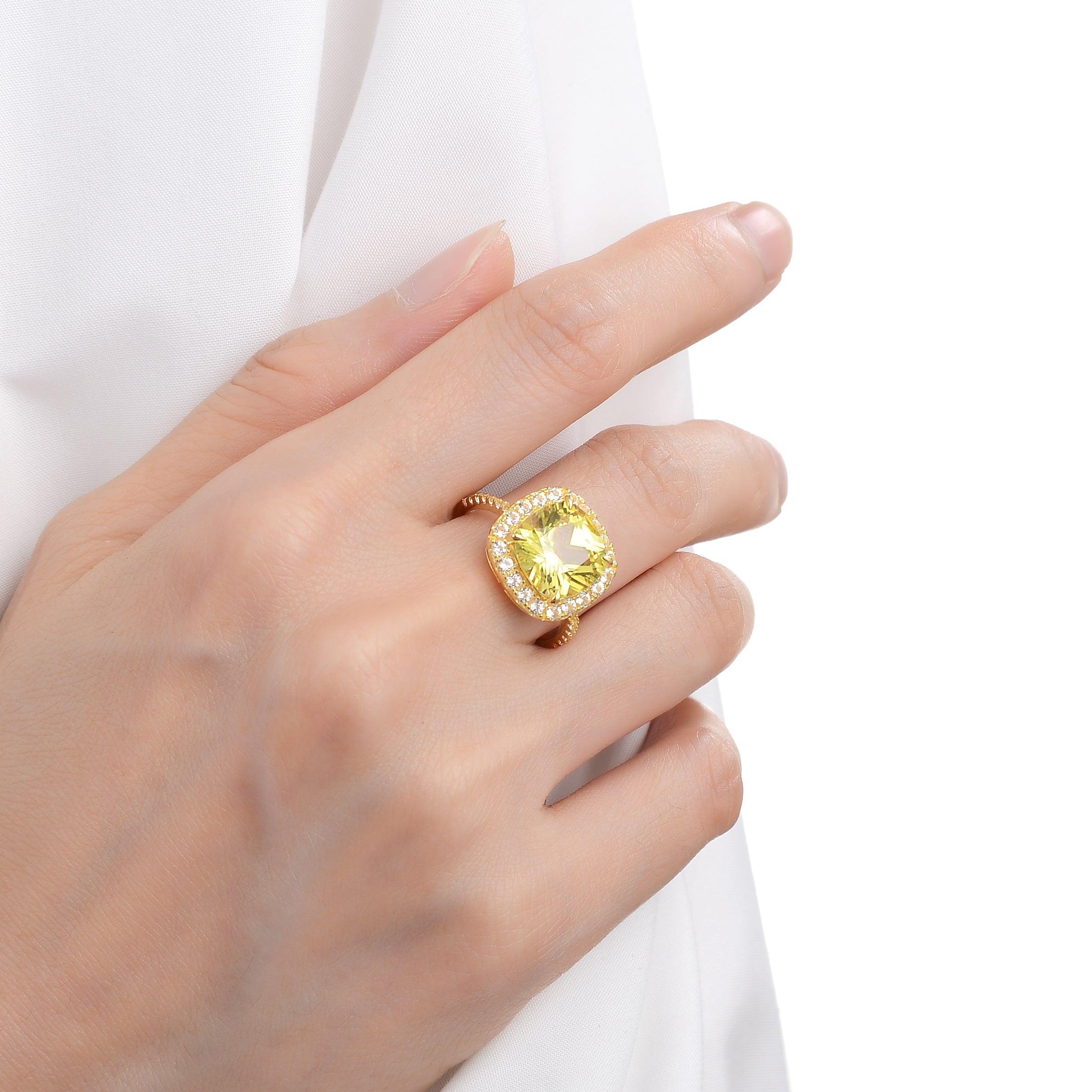 model showcasing gift for girls affordable ring Sapphire ring lab grown sapphire yellow ring cushion cut ring yellowSapphire Ring royal design ring sapphire for women - FineColorJewels