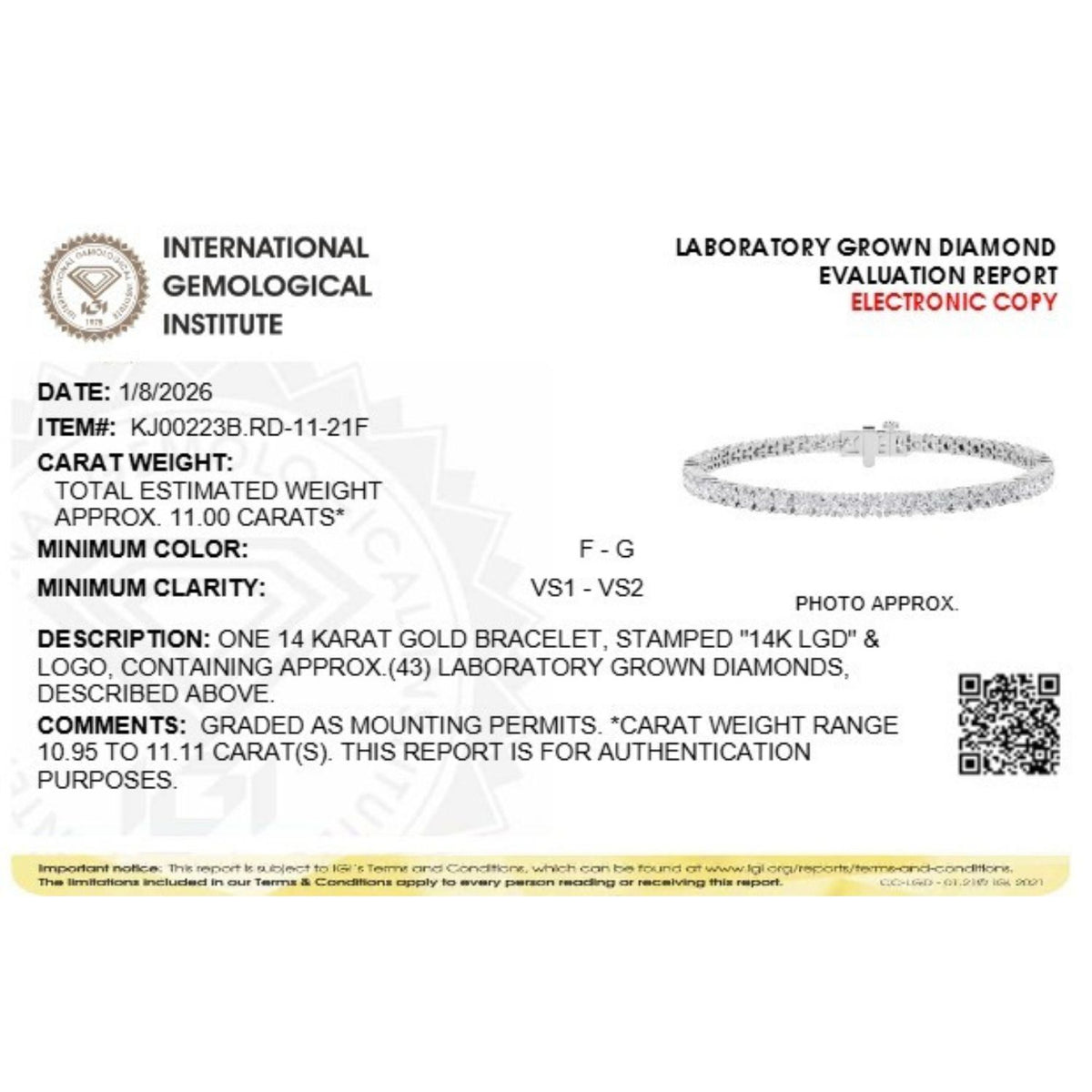 Round Shaped Lab Grown Diamond (F/VS) Classic Tennis Bracelet in 14K White Gold