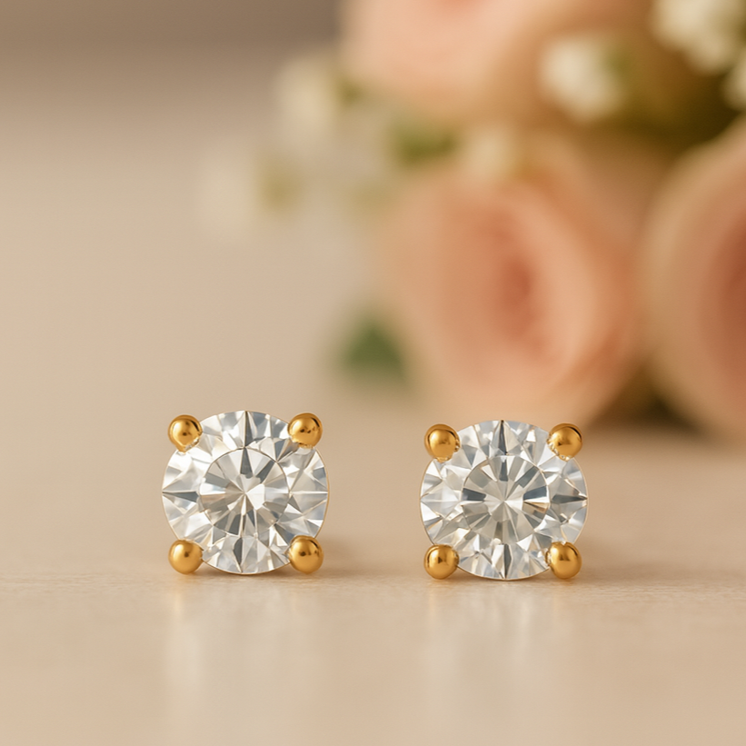 IGI Certified Round Lab Grown Diamond Stud Earrings Yellow Gold