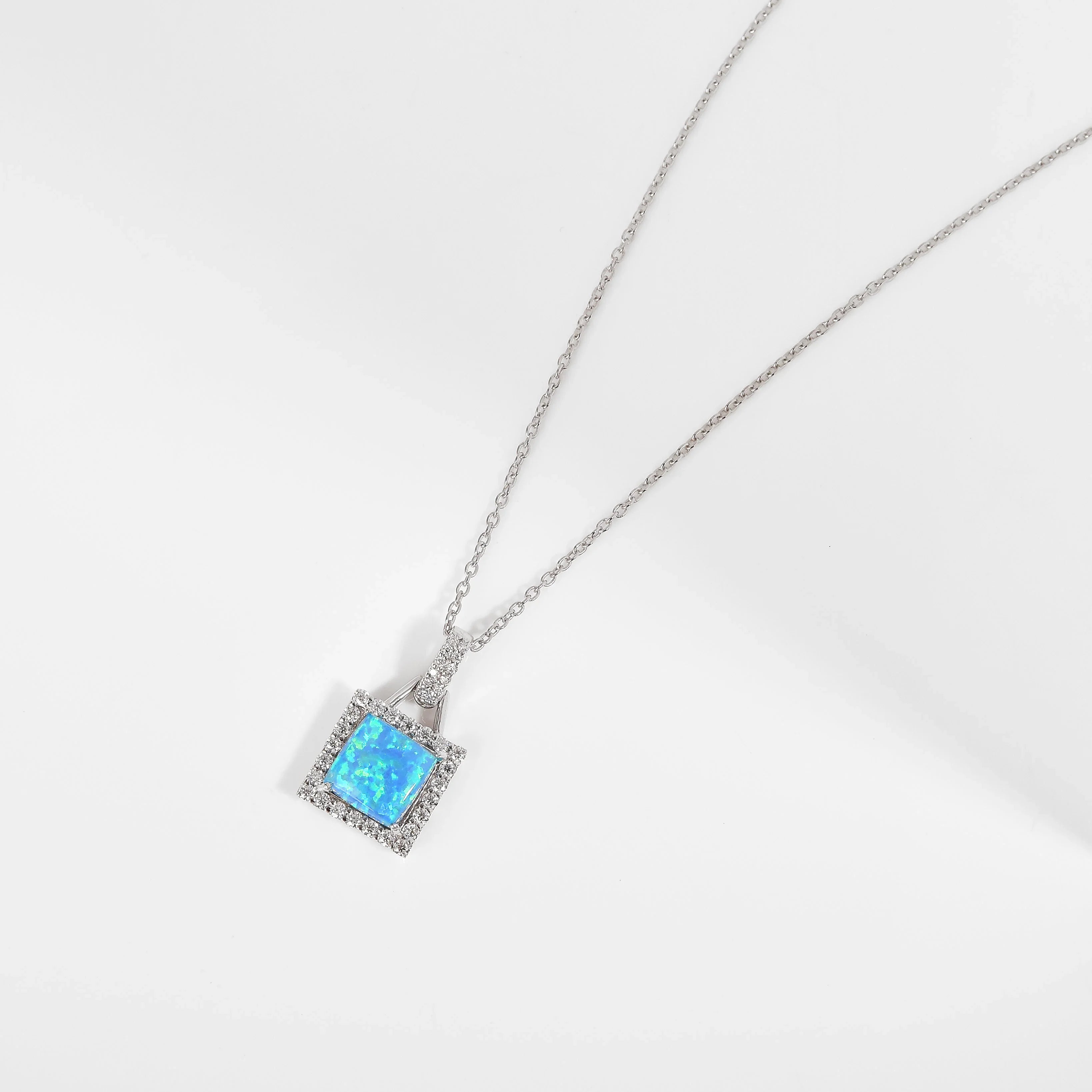 Lab Grown Blue Opal Halo Pendant Necklace