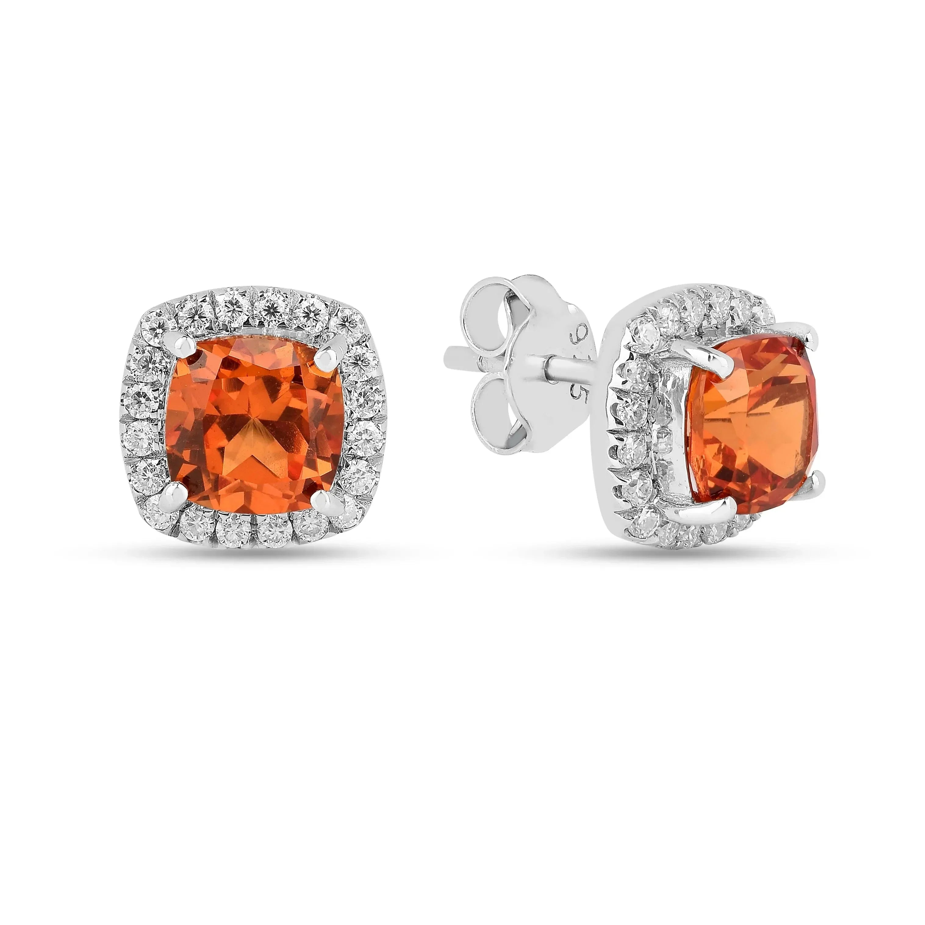 Peach Sapphire Cushion Stud Earrings - Fine Diamond