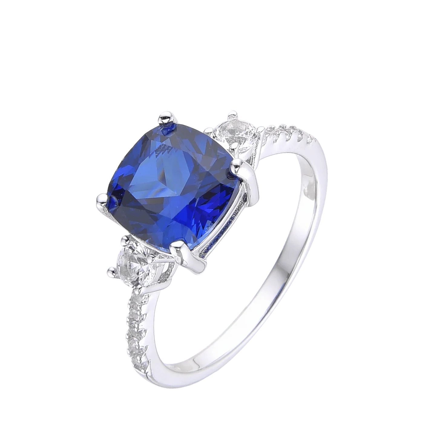 Ceylon Sapphire Cushion Three Stone Ring - Fine Diamond