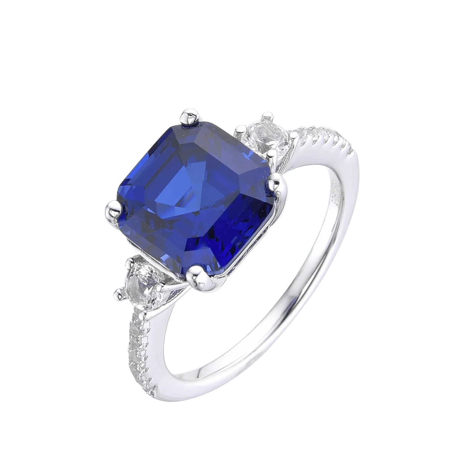 Ceylon Sapphire Asscher Cut Three Stone Ring - Fine Diamond