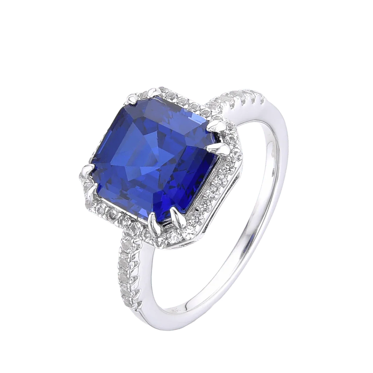 Ceylon Sapphire Asscher Cut Halo Ring - Fine Diamond