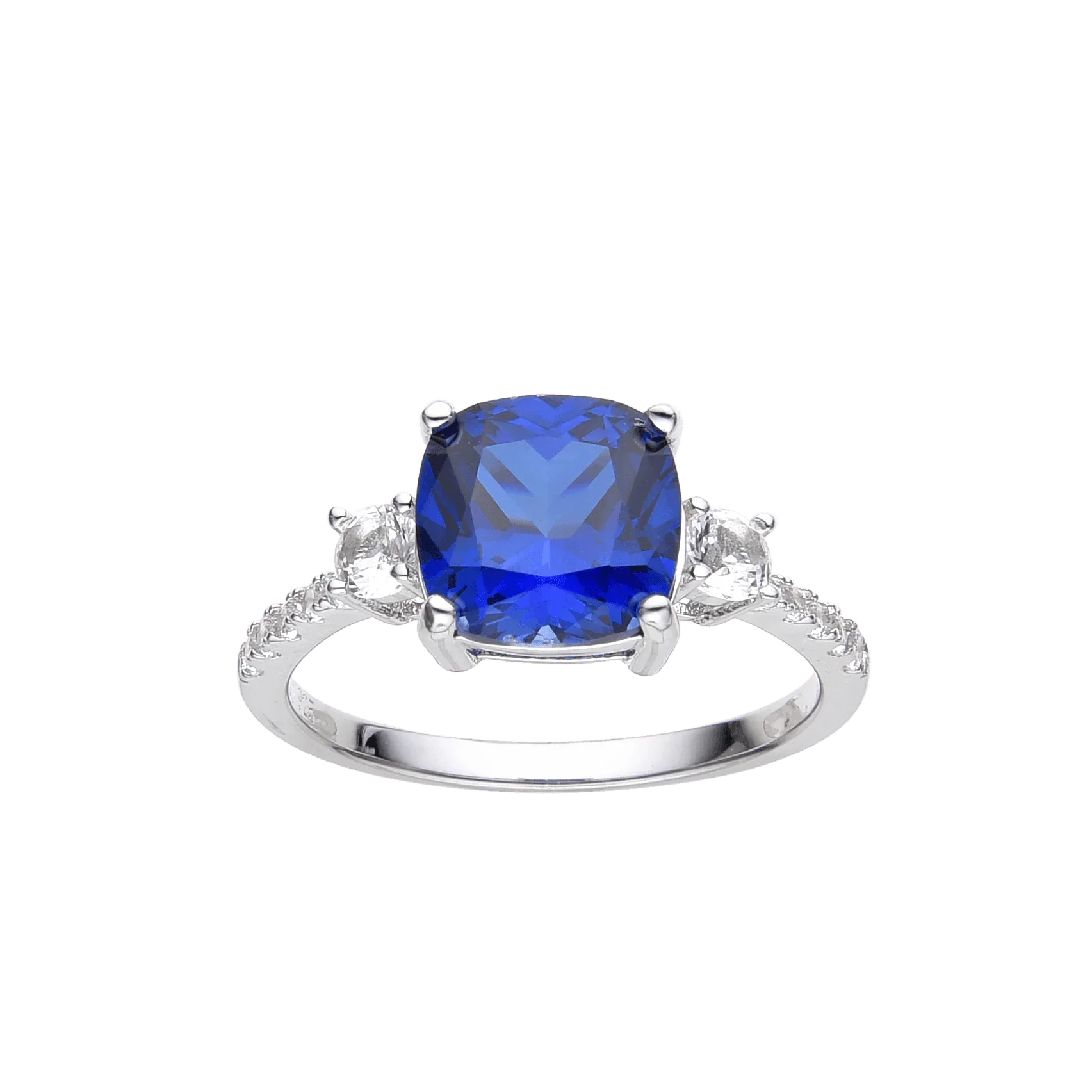 Ceylon Sapphire Cushion Three Stone Ring - Fine Diamond