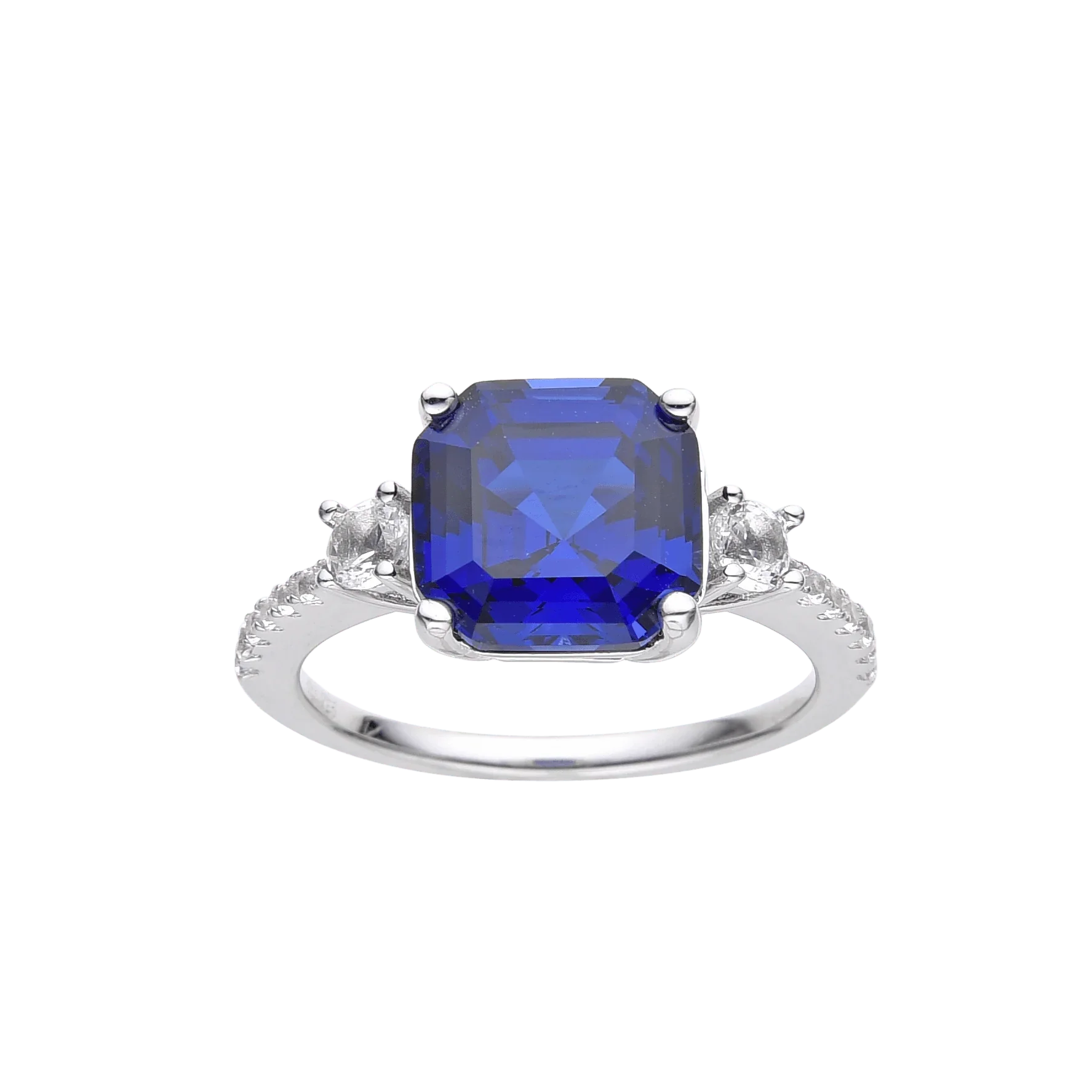 Ceylon Sapphire Asscher Cut Three Stone Ring - Fine Diamond