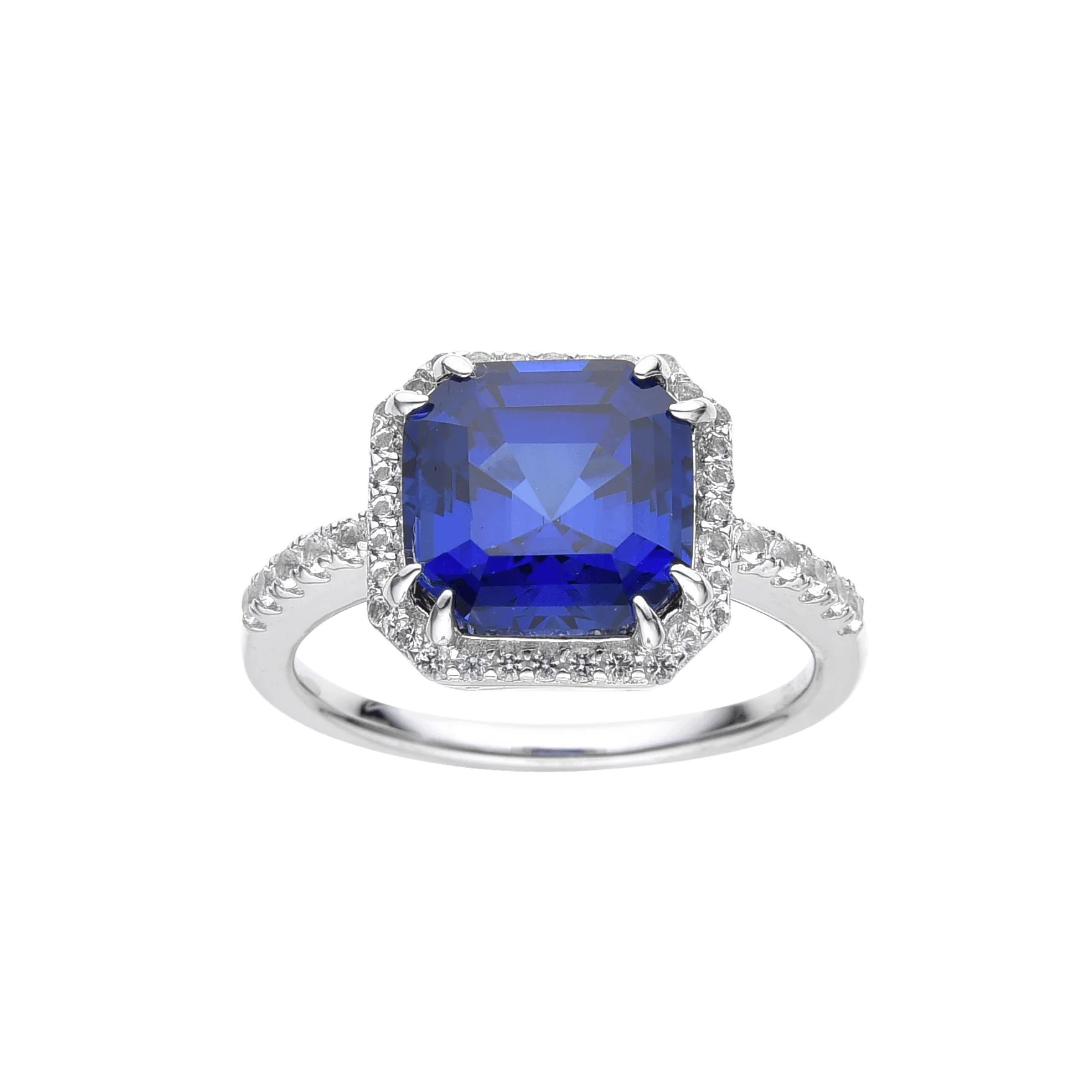Ceylon Sapphire Asscher Cut Halo Ring - Fine Diamond