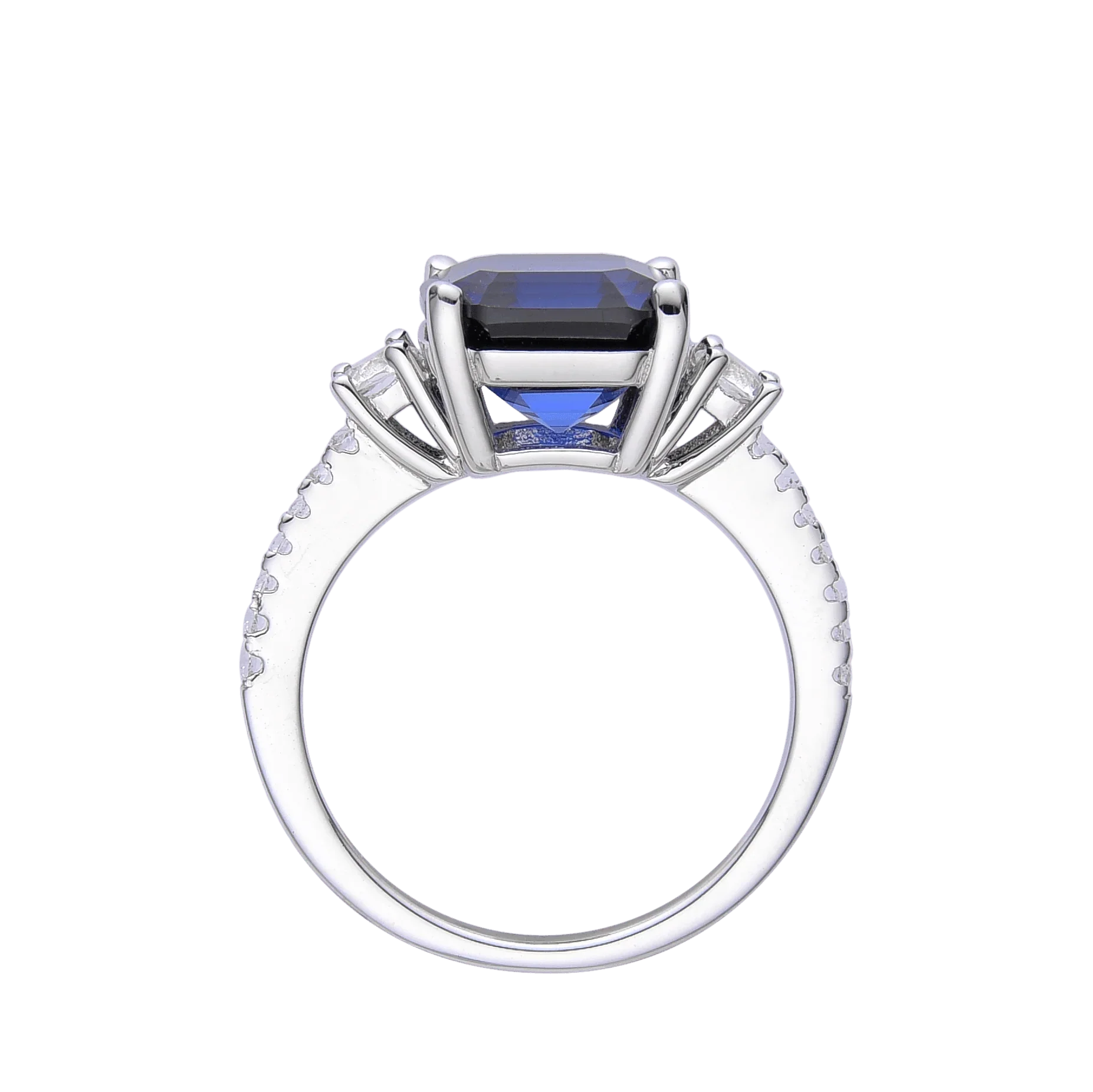 Ceylon Sapphire Asscher Cut Three Stone Ring - Fine Diamond