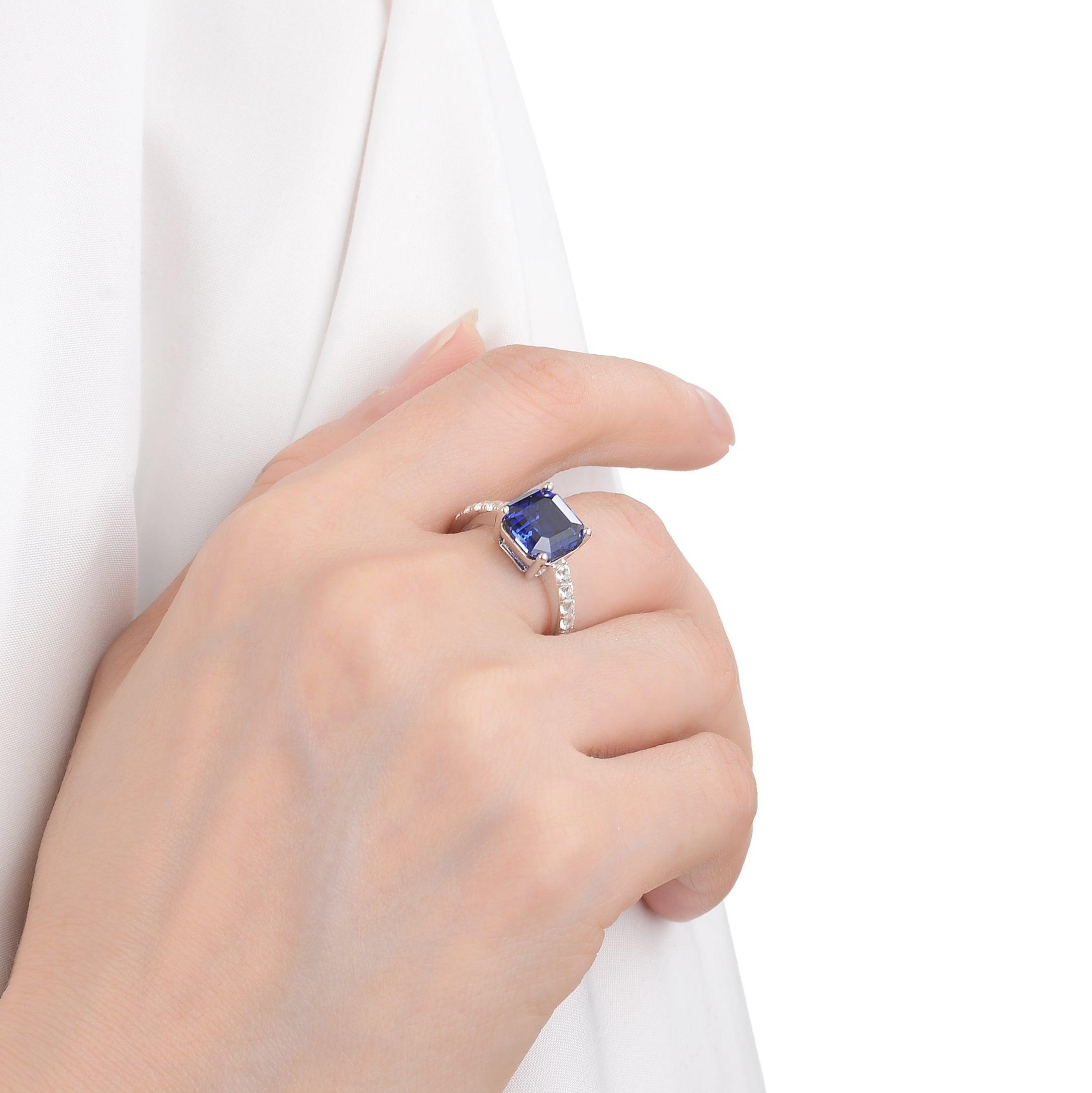 Created Blue Sapphire Engagement Ring Asscher Cut Blue Solitaire Ring Blue Cocktail Ring Silver Blue Gemstone Promise Ring Gift for Women - FineColorJewels