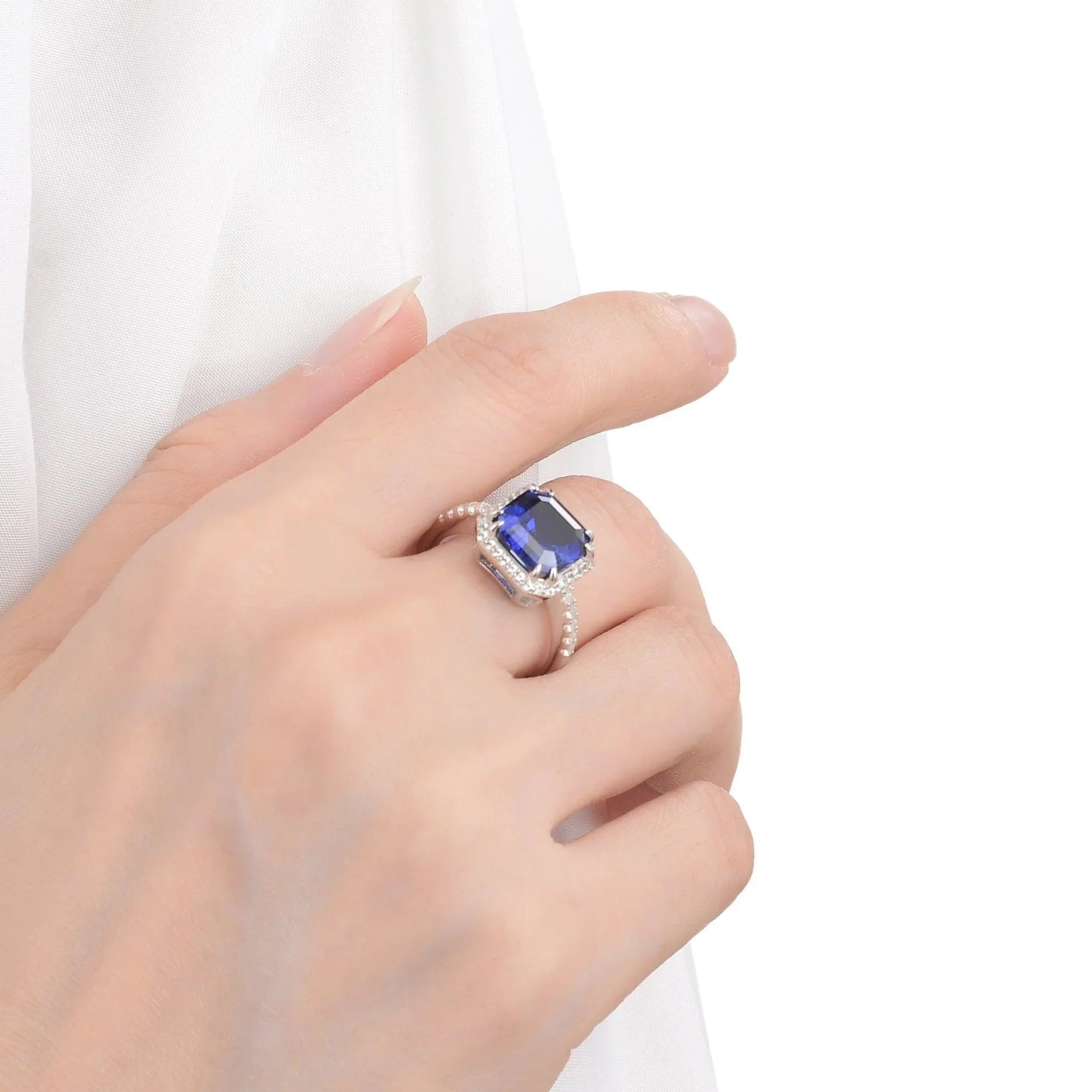 Ceylon Sapphire Asscher Cut Halo Ring - Fine Diamond