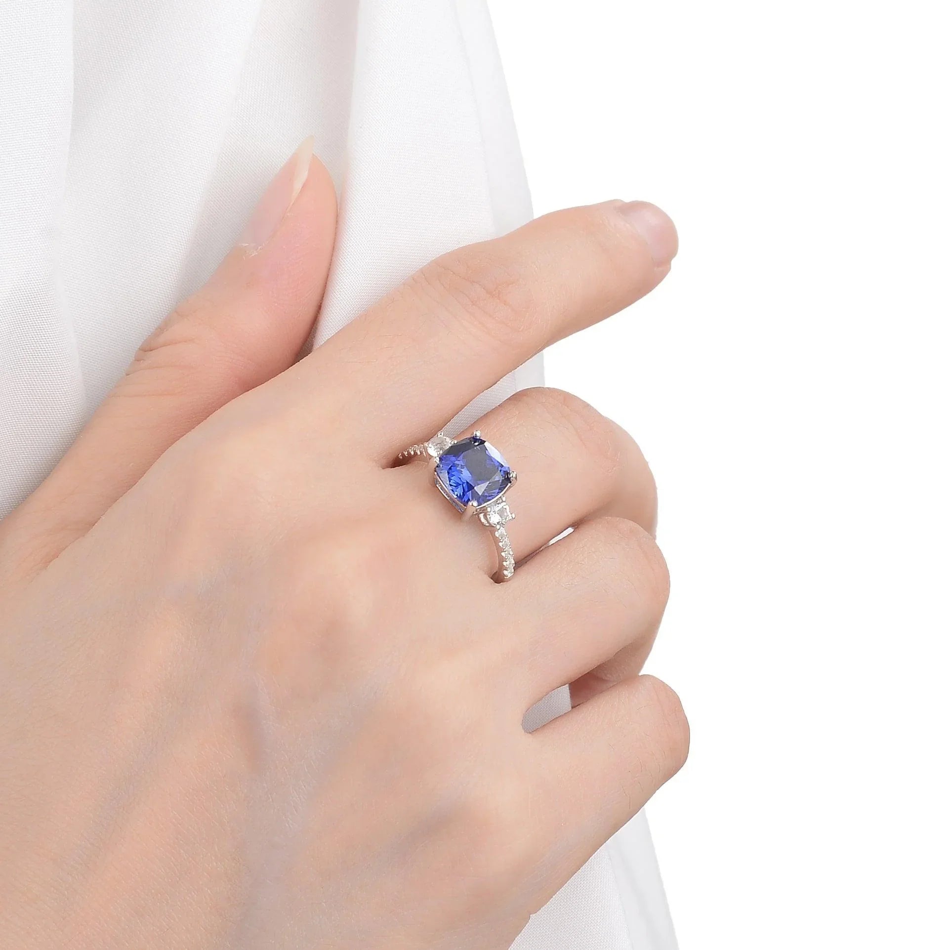 Ceylon Sapphire Asscher Cut Three Stone Ring - Fine Diamond