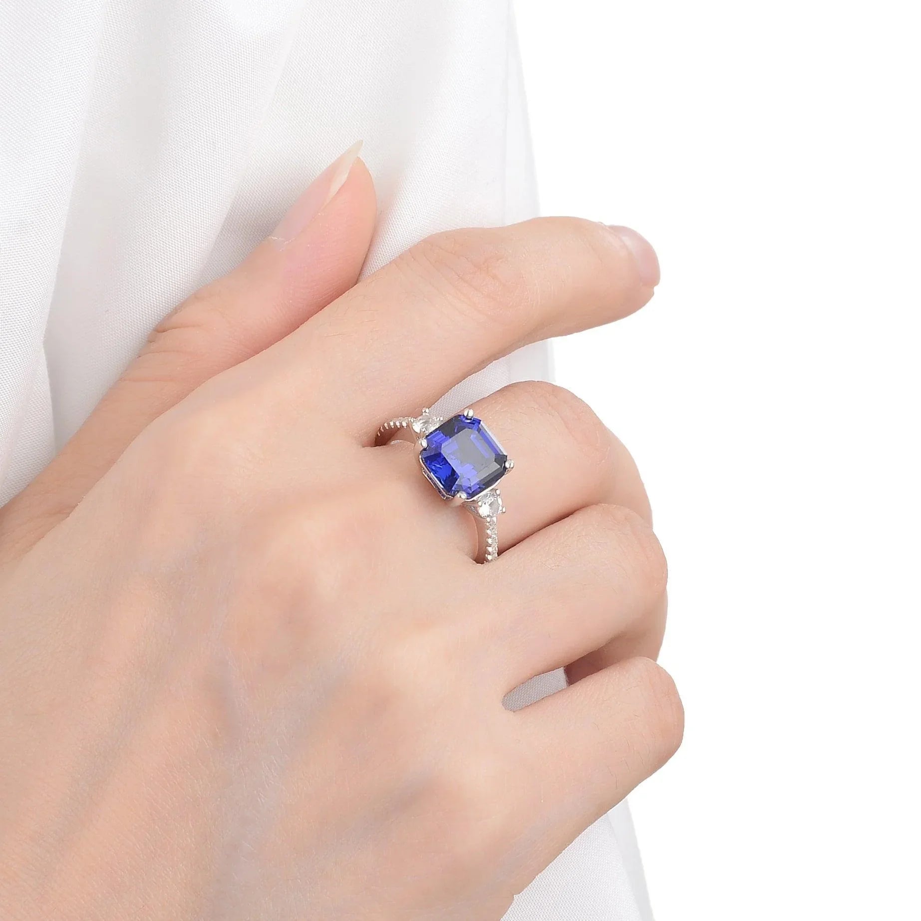 Ceylon Sapphire Cushion Three Stone Ring - Fine Diamond