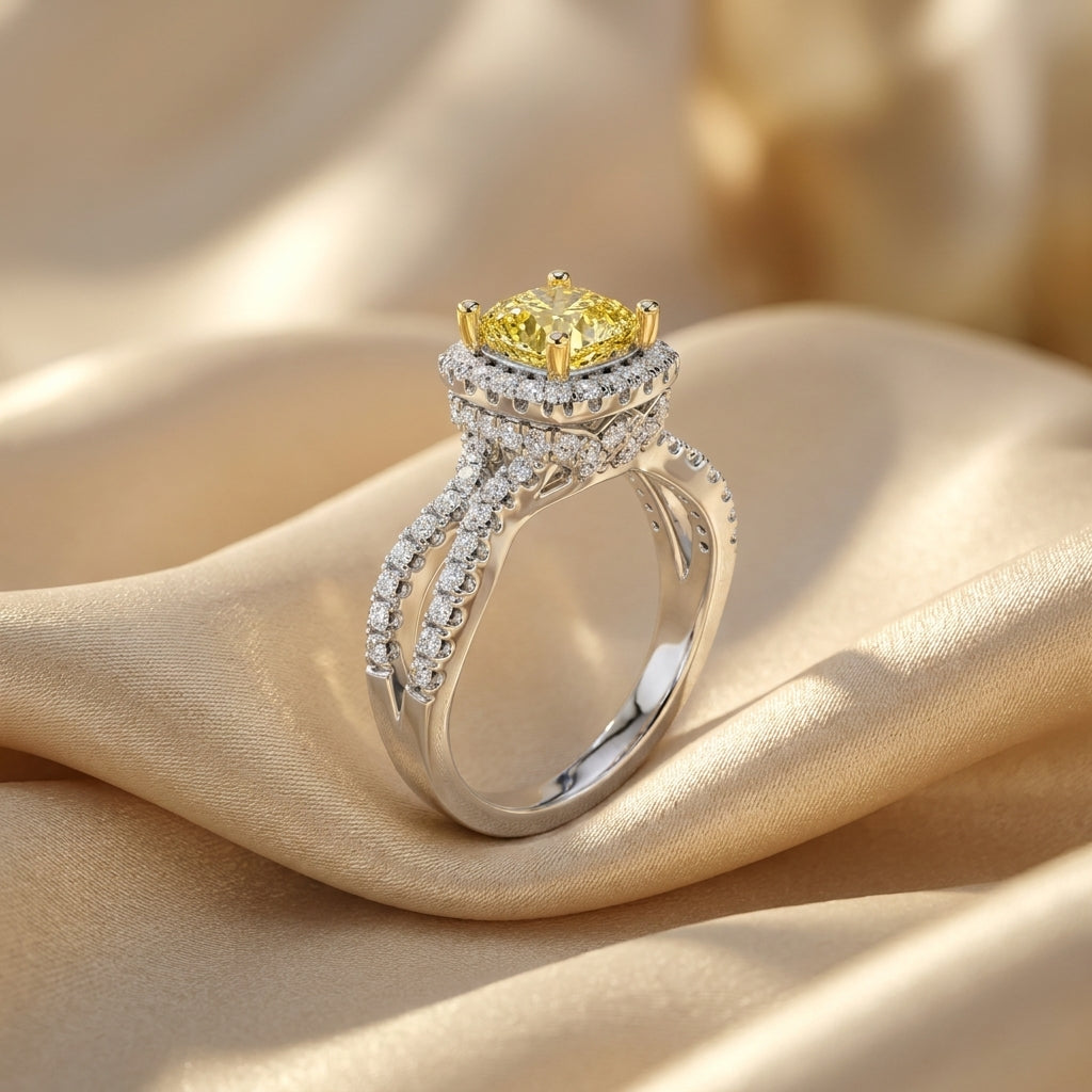 2.25Cttw Elongated Cushion Shaped Yellow Lab Grown Diamond (F/VS) Engagement Ring in 14K Gold