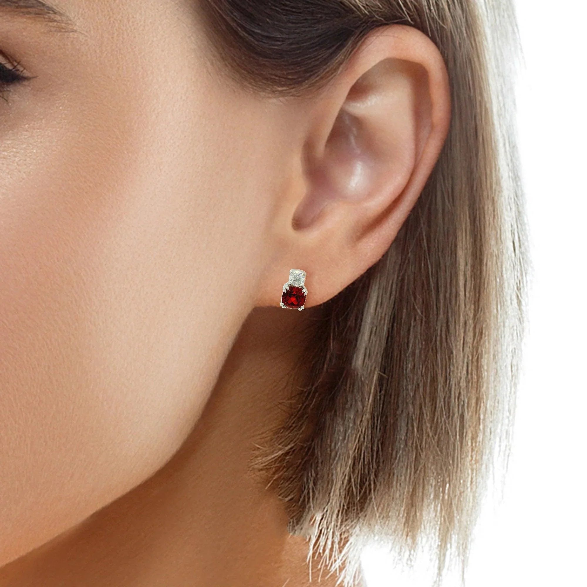 Lab Grown Ruby Silver Stud Earrings - Fine Diamond