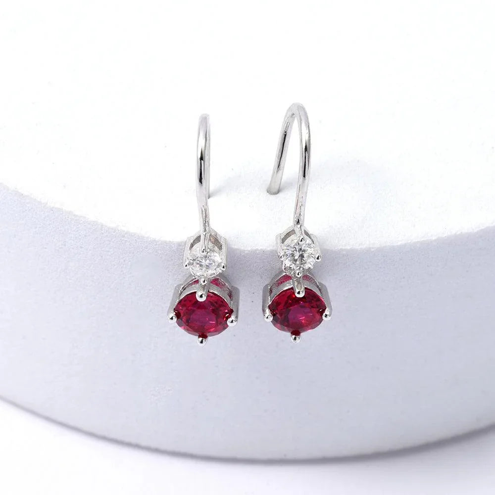 Lab Grown Ruby Round Dangle Drop Earrings - Fine Diamond