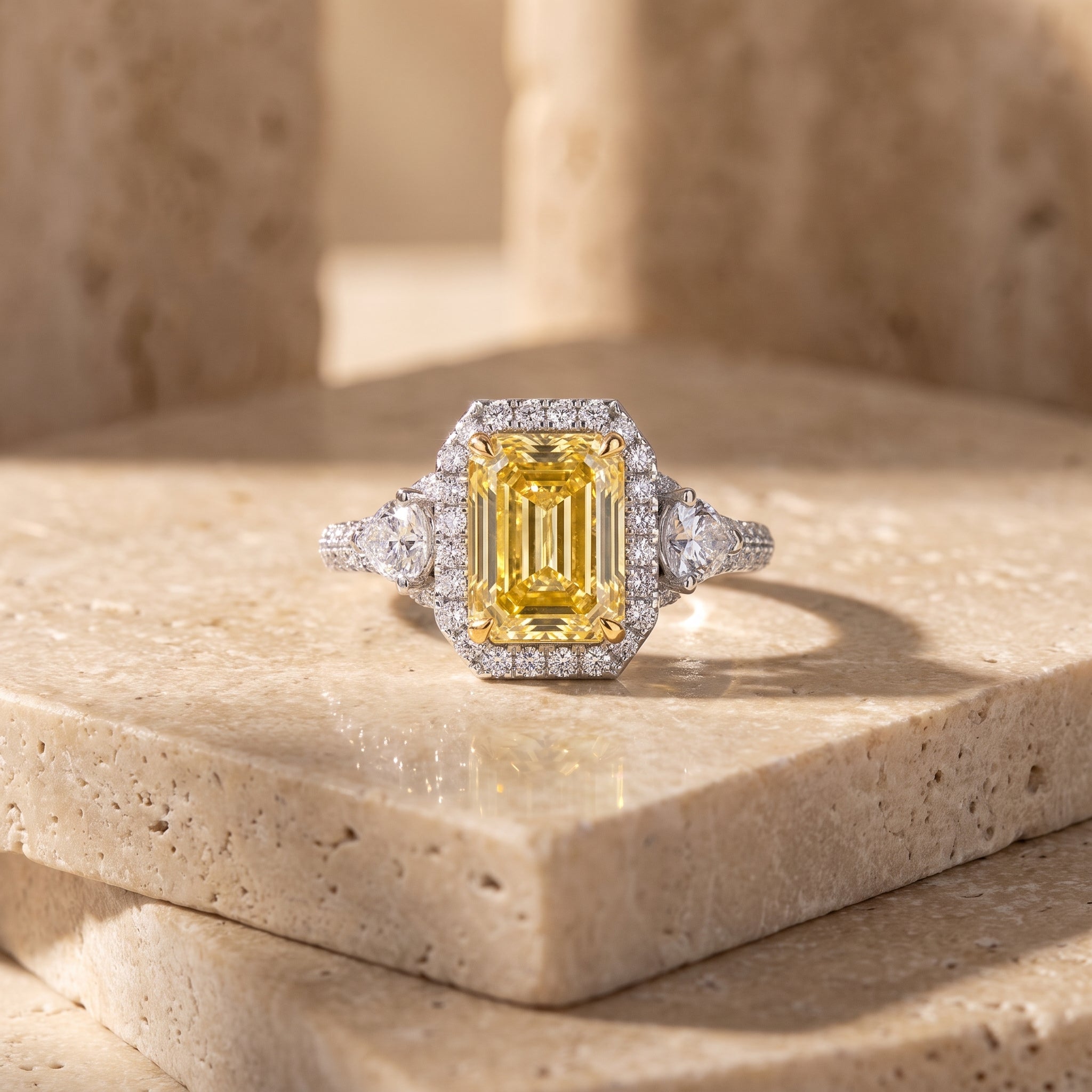 3Cttw Radiant Shaped Yellow Lab Grown Diamond (F/VS) Accented Three Stone Engagement Ring in 14K Gold