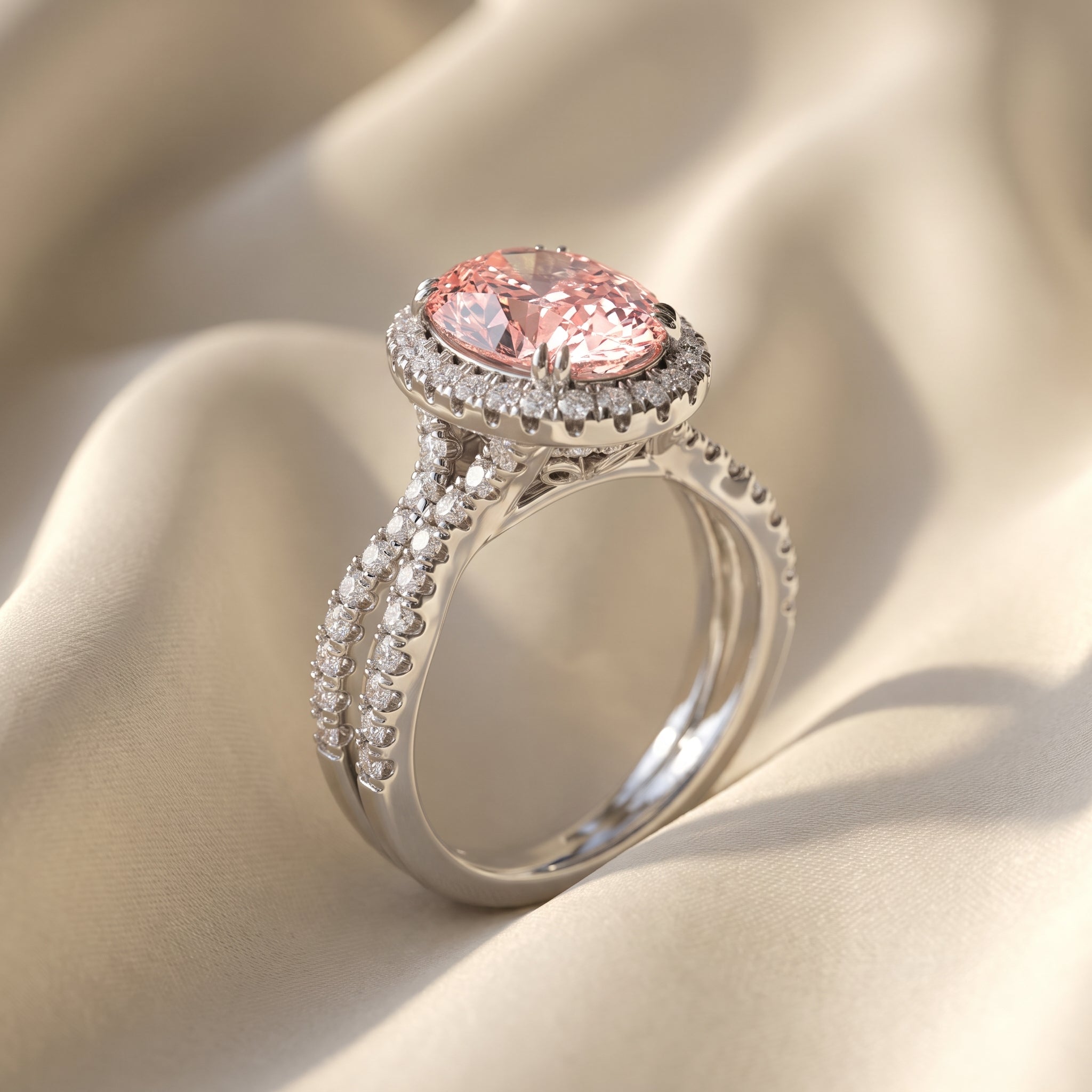 4Cttw Oval Shaped Pink Lab Grown Diamond (F/VS) Split Shank Halo Engagement Ring in 14K Gold