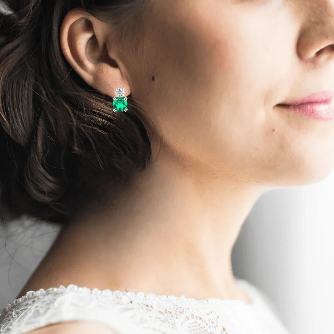 Green Colombian Created Emerald Stud Earrings - Fine Diamond