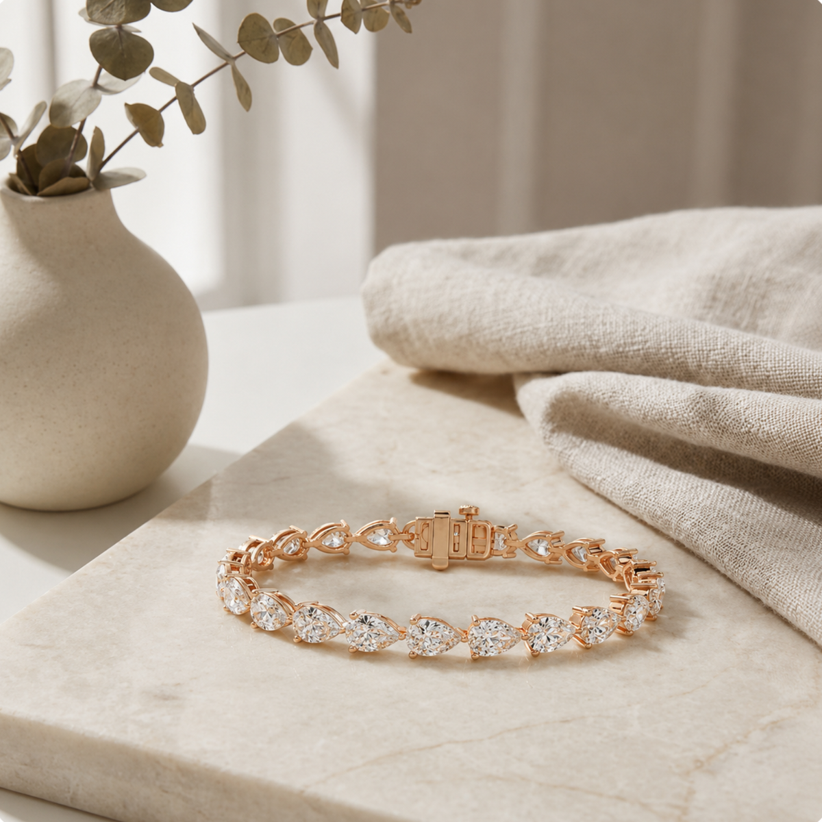 Pear Lab Grown Diamond Prong 14K Rose Gold Fancy Line Tennis Bracelet