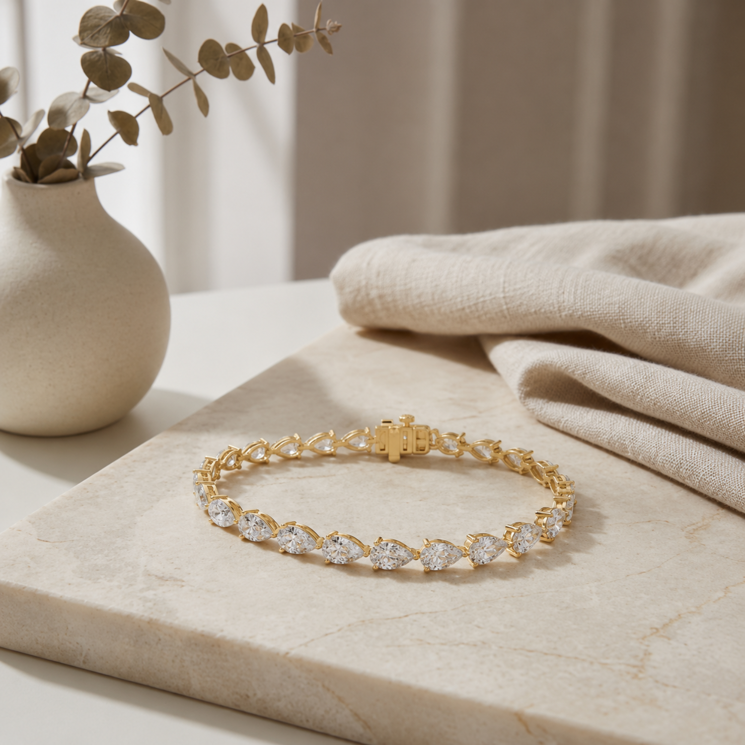 Pear (F/VS) Lab Grown Diamond Prong 14K Yellow Gold Fancy Line Tennis Bracelet