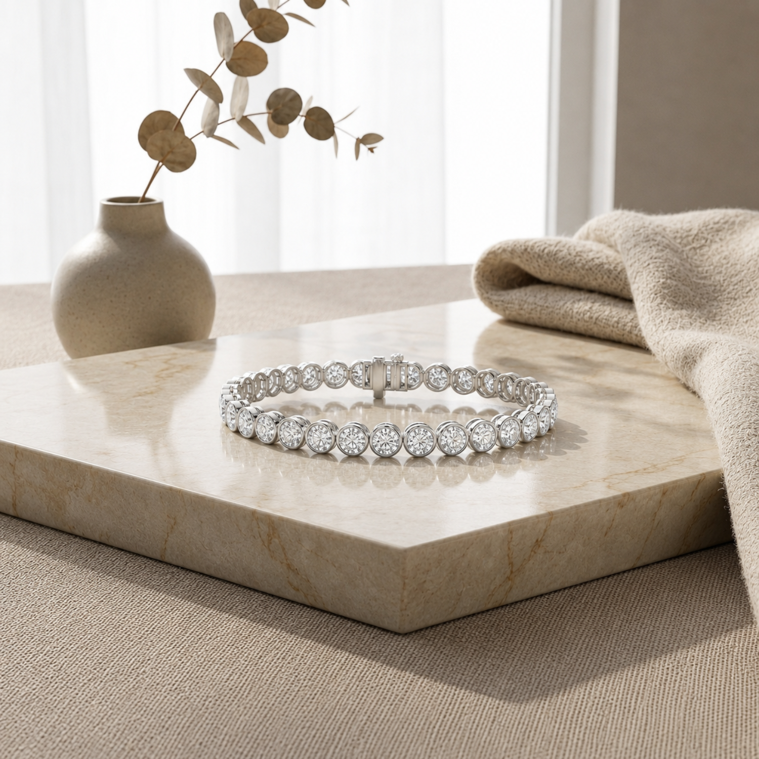 Round Shaped Lab Grown Diamond (F/VS) East West Bezel Set Bracelet in 14K Gold