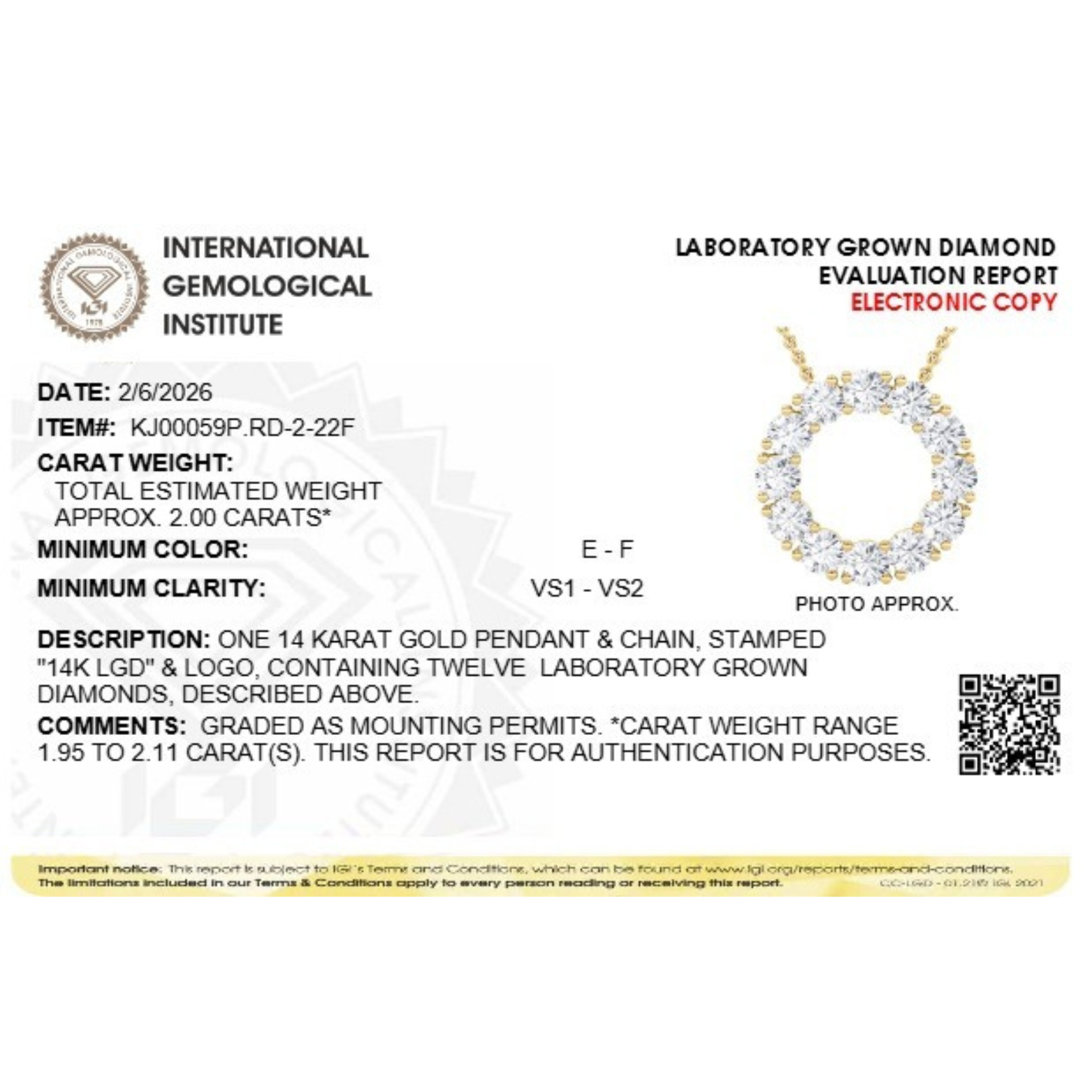 2.0 Ct Round (F/VS) Lab Grown Diamond Prong 14K Yellow Gold Fancy Open Circle Pendant Necklace