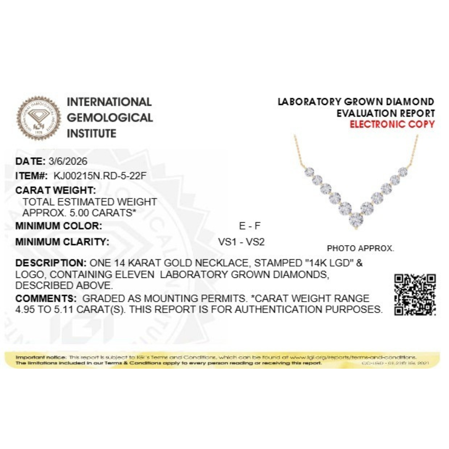 5.0ct Round Shaped Lab Grown Diamond (F/VS) Graduating V Necklace in 14K Yellow Gold