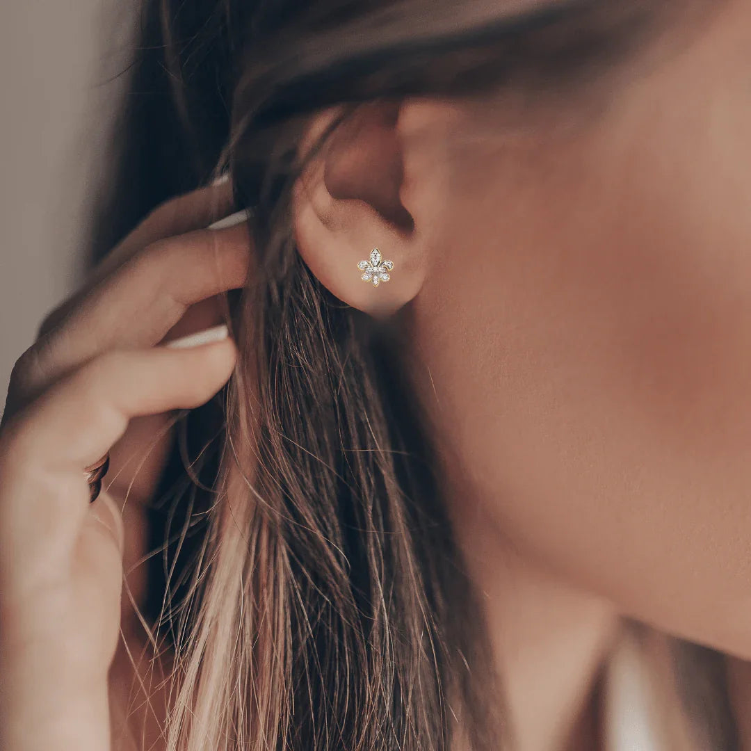 14K Gold Lab Diamond Fleur de Lis Post Earrings - Fine Diamond