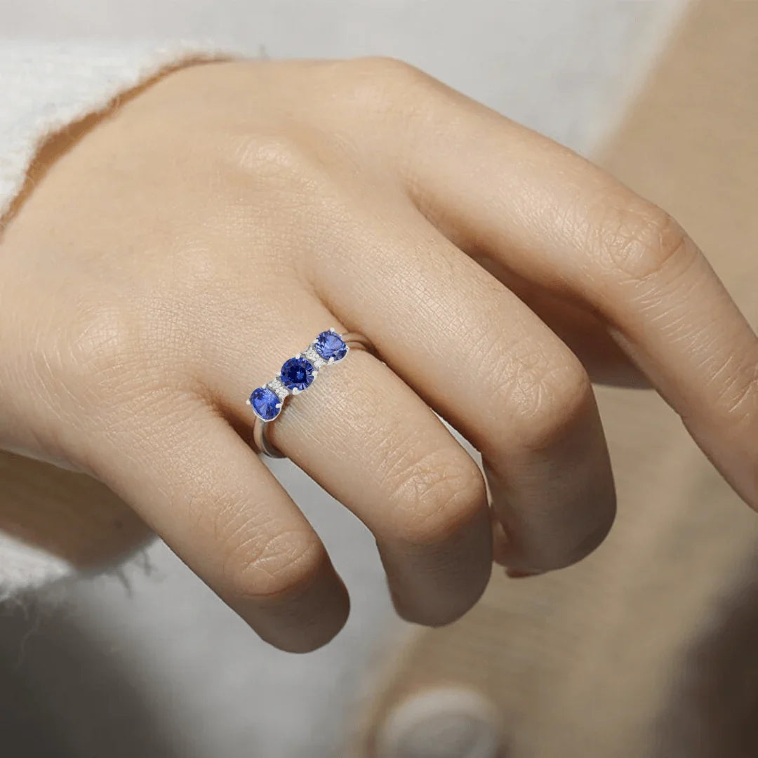 Three Stone Ceylon Blue Sapphire Ring - Fine Diamond
