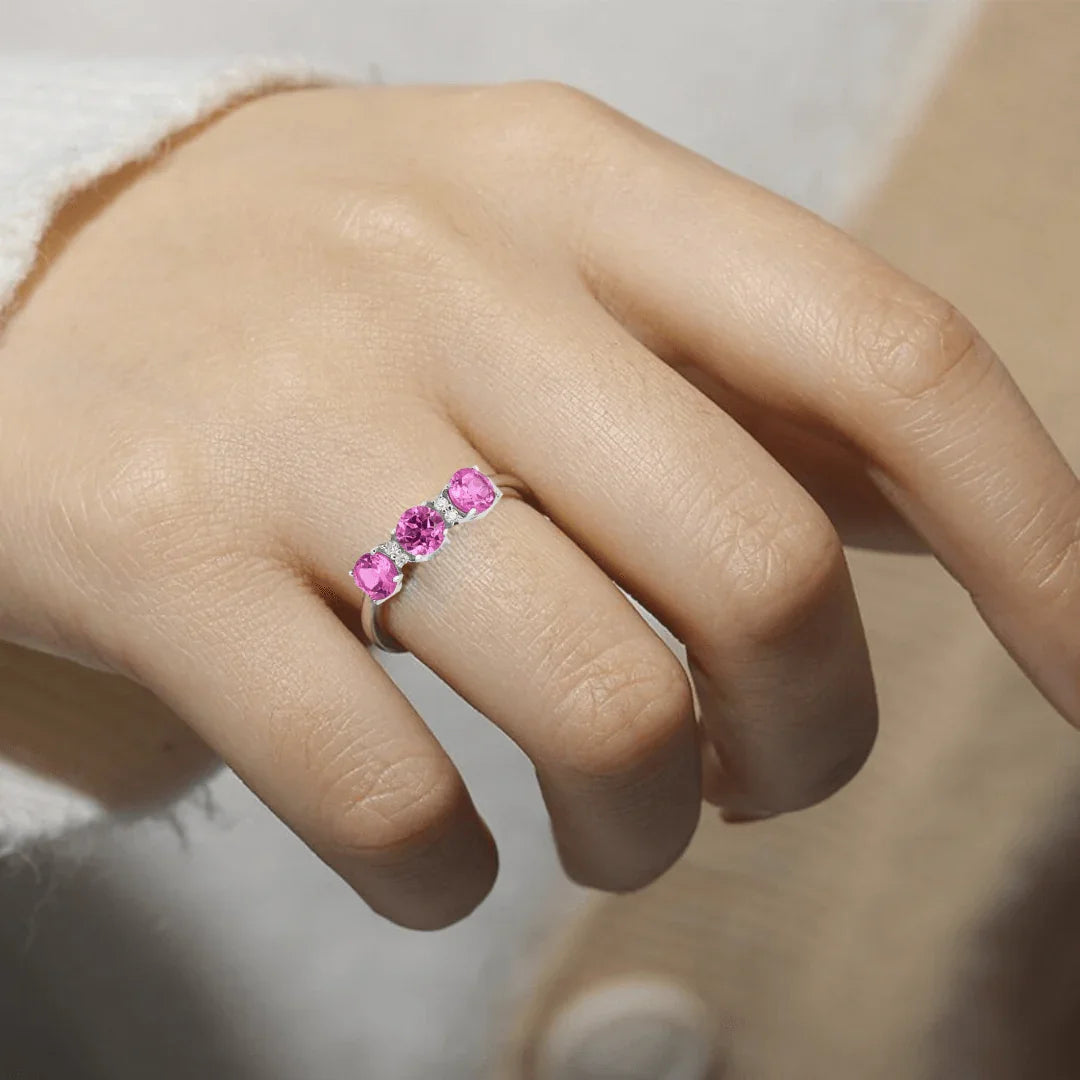Pink Sapphire Three Stone Ring - Fine Diamond