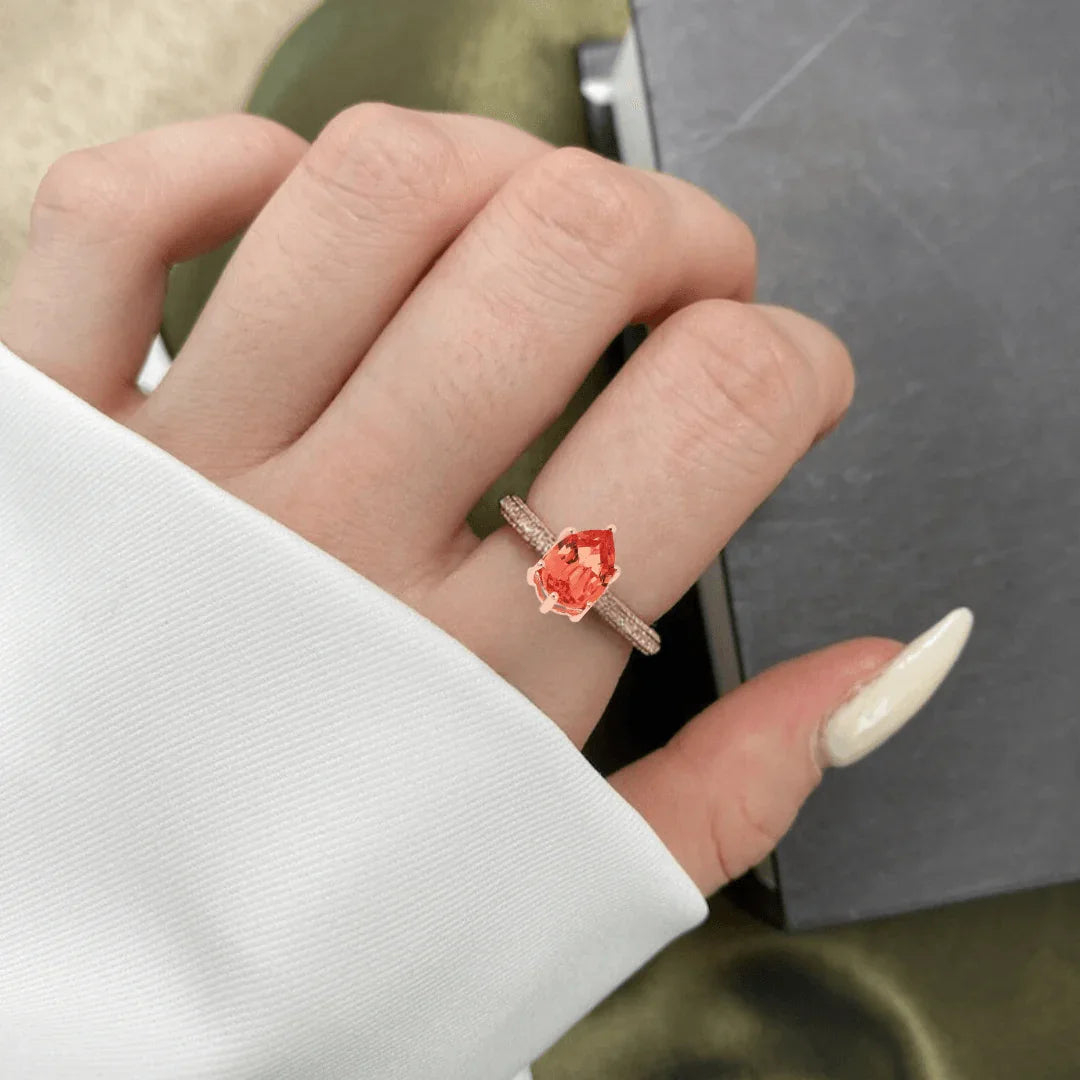 Peach Sapphire Teardrop Ring - Fine Diamond