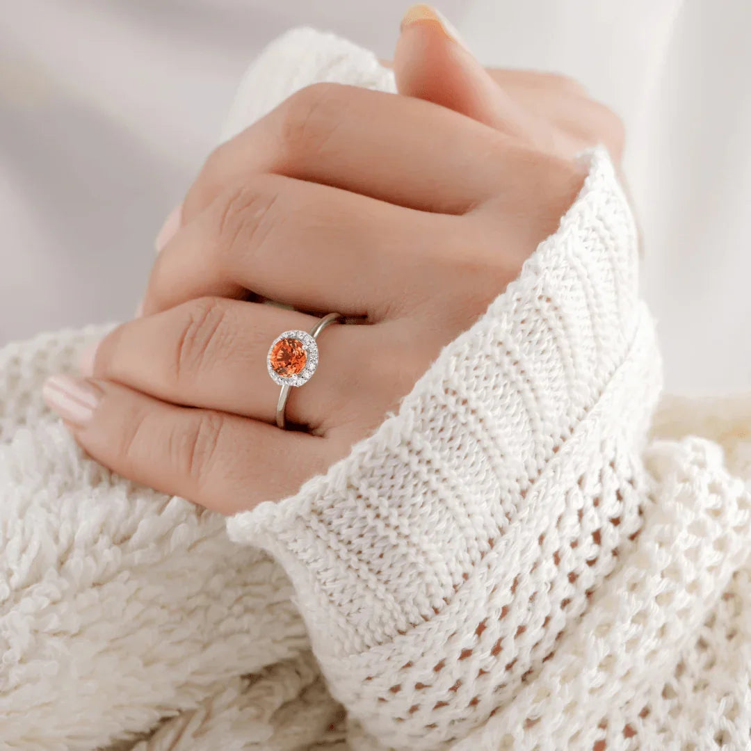 Peach Sapphire Round Halo Ring - Fine Diamond