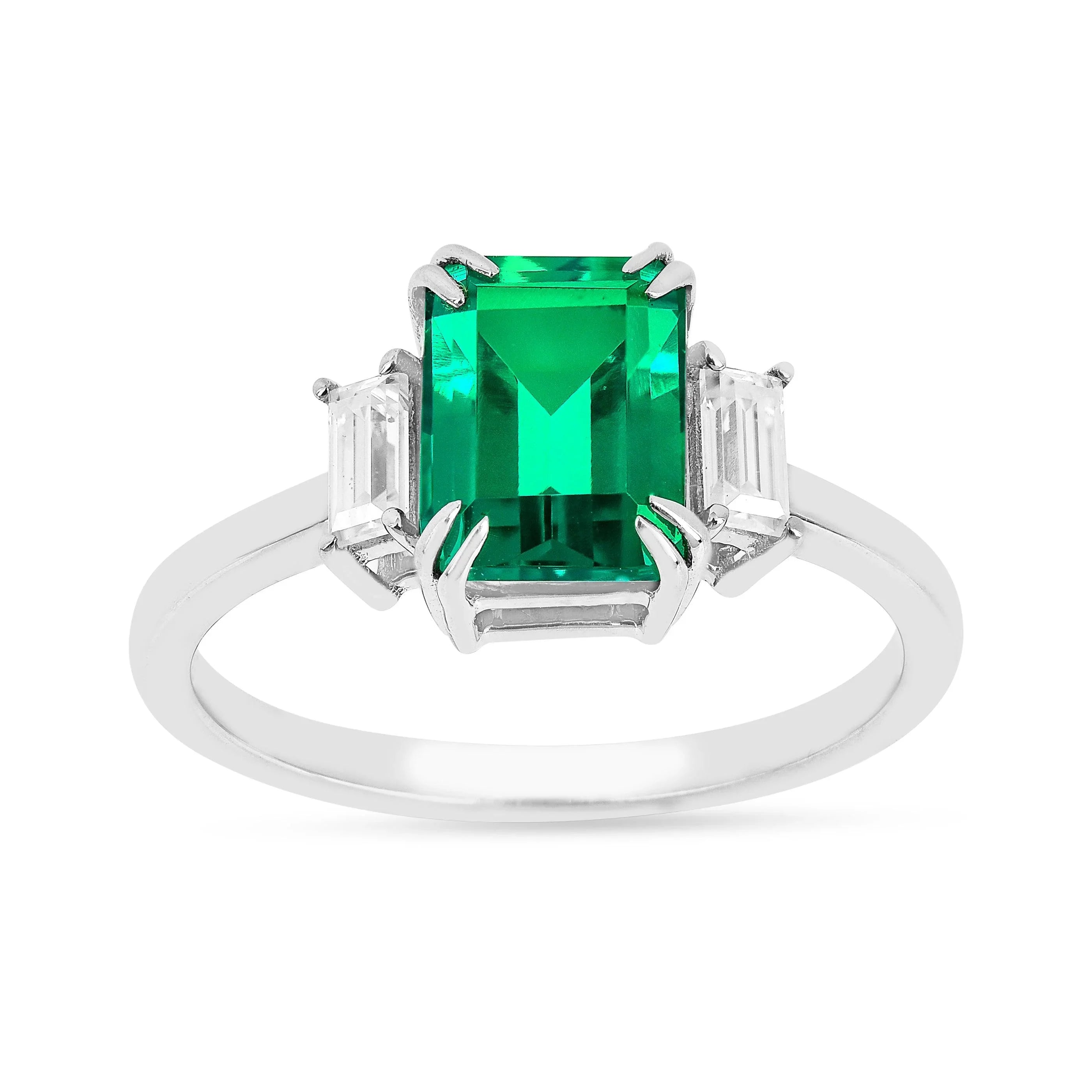 Colombian Created Emerald Three Stone Ring - Fine Diamond