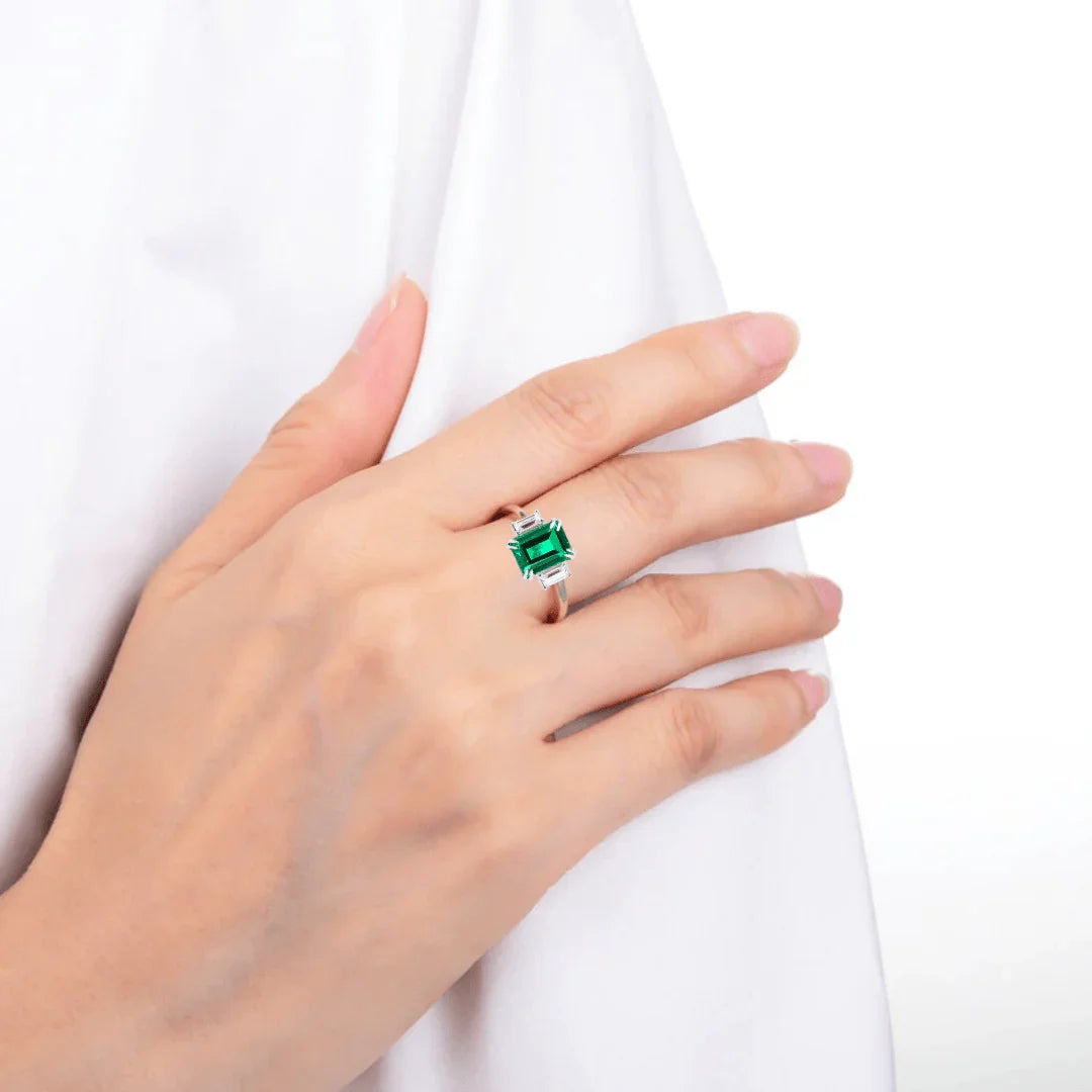 Colombian Created Emerald Three Stone Ring - Fine Diamond
