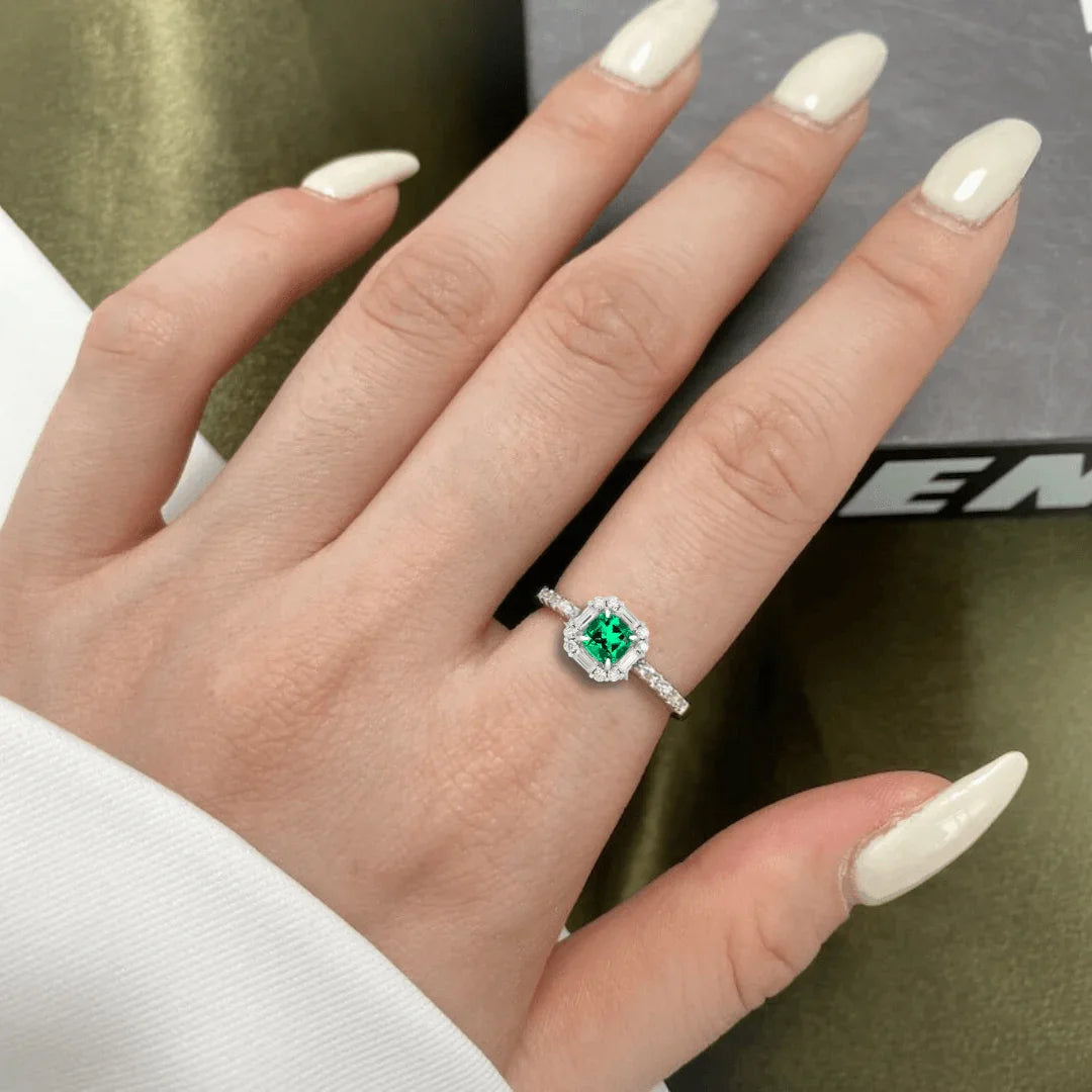 Colombian Created Emerald Cushion Halo Ring - Fine Diamond