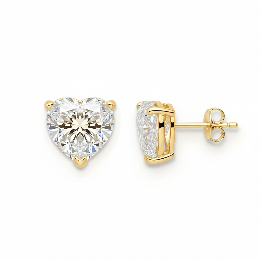 IGI Certified Heart Lab Grown Diamond Solitaire Stud Earrings Yellow Gold