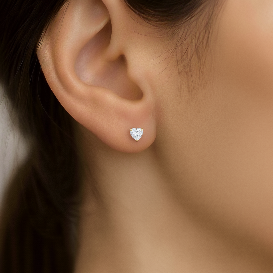 IGI Certified Heart Lab Grown Diamond Solitaire Stud Earrings Yellow Gold