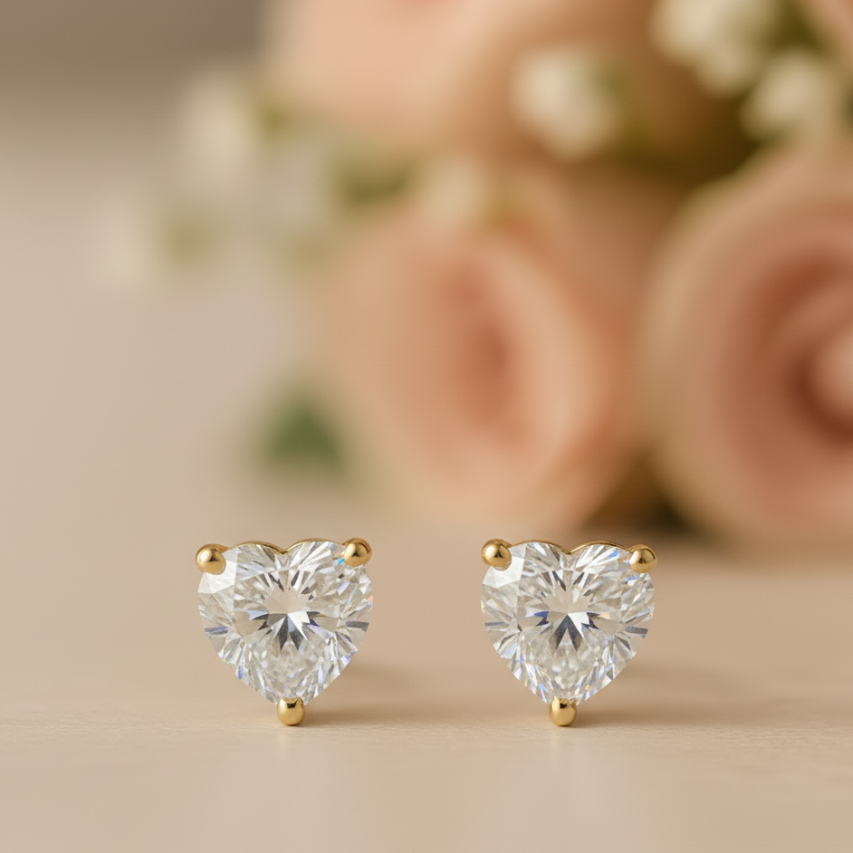 IGI Certified Heart Lab Grown Diamond Solitaire Stud Earrings Yellow Gold