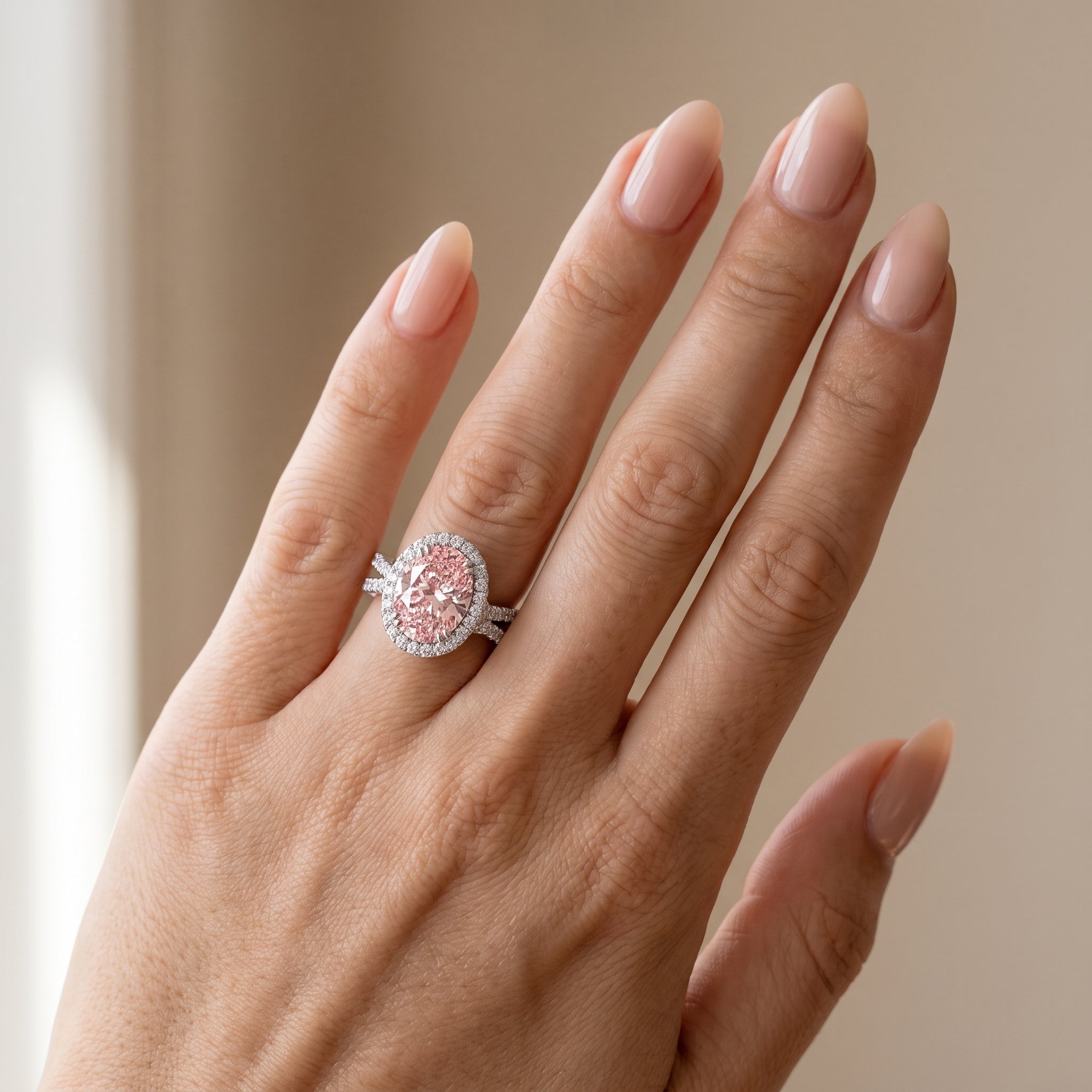 4Cttw Oval Shaped Pink Lab Grown Diamond (F/VS) Split Shank Halo Engagement Ring in 14K Gold