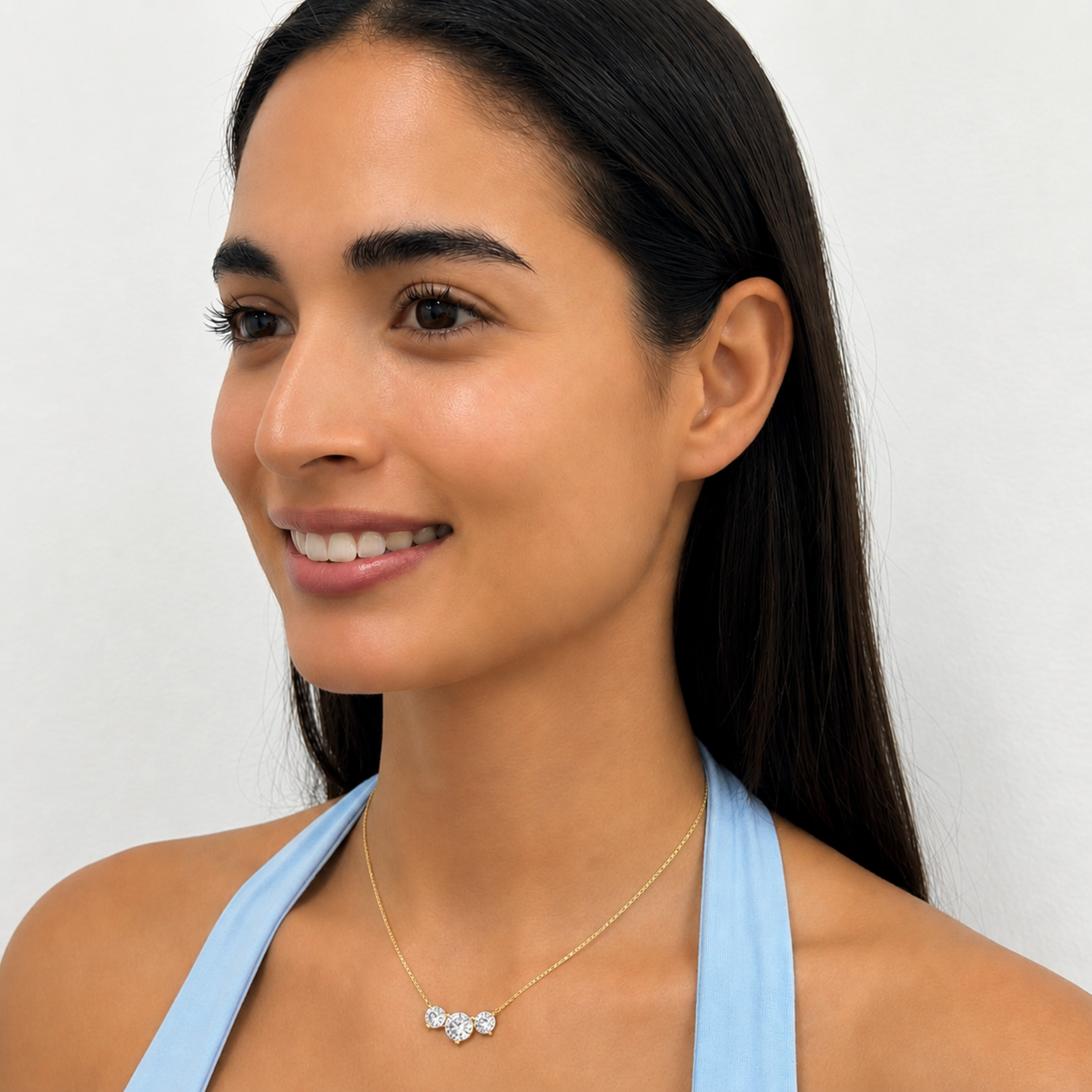 Round (F/VS) Lab Grown Diamond Prong 14K Yellow Gold Three-Stone Past Present Future Pendant Necklace